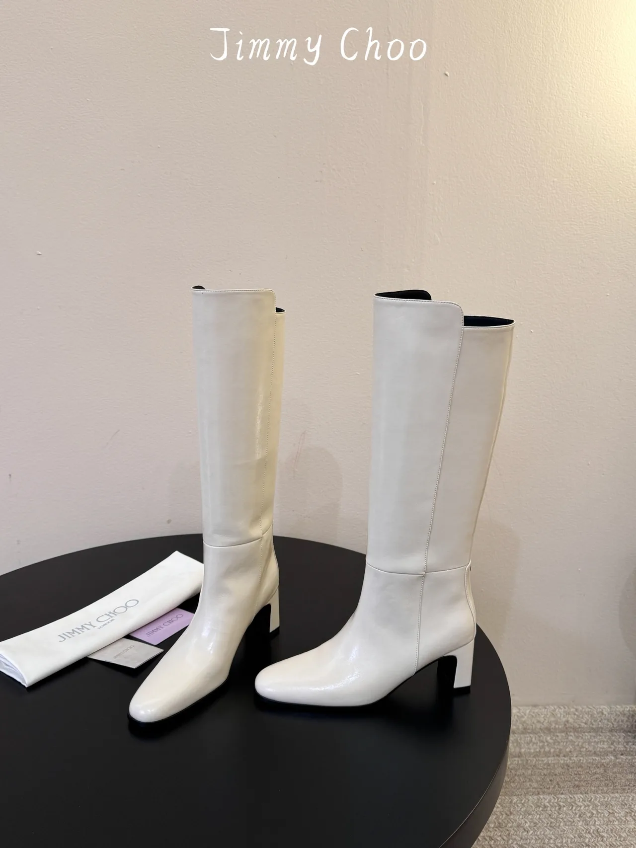 Jimmy Choo Cowhide Glossy Square-Toe Knee-High Boots in White · view 3