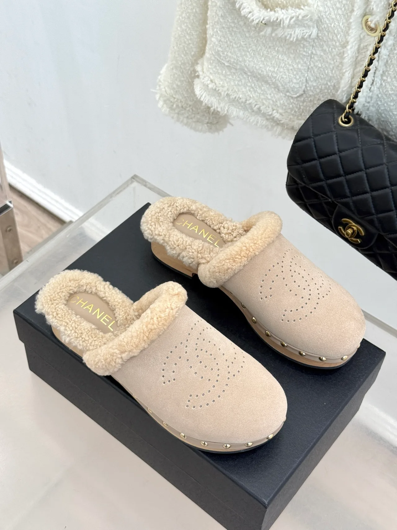 Chanel Patent Leather Wool Mules in Beige · view 3