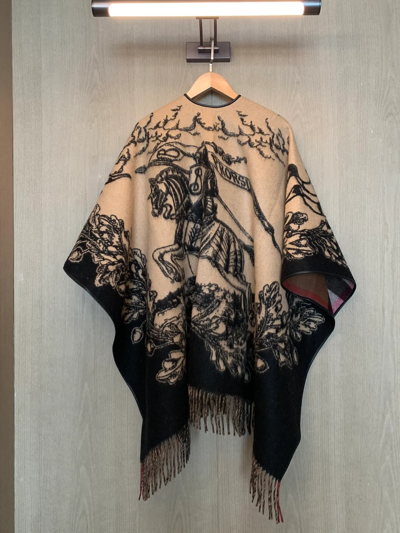 Burberry Wool Cashmere Reversible Check and Equestrian Poncho in Beige · view 4