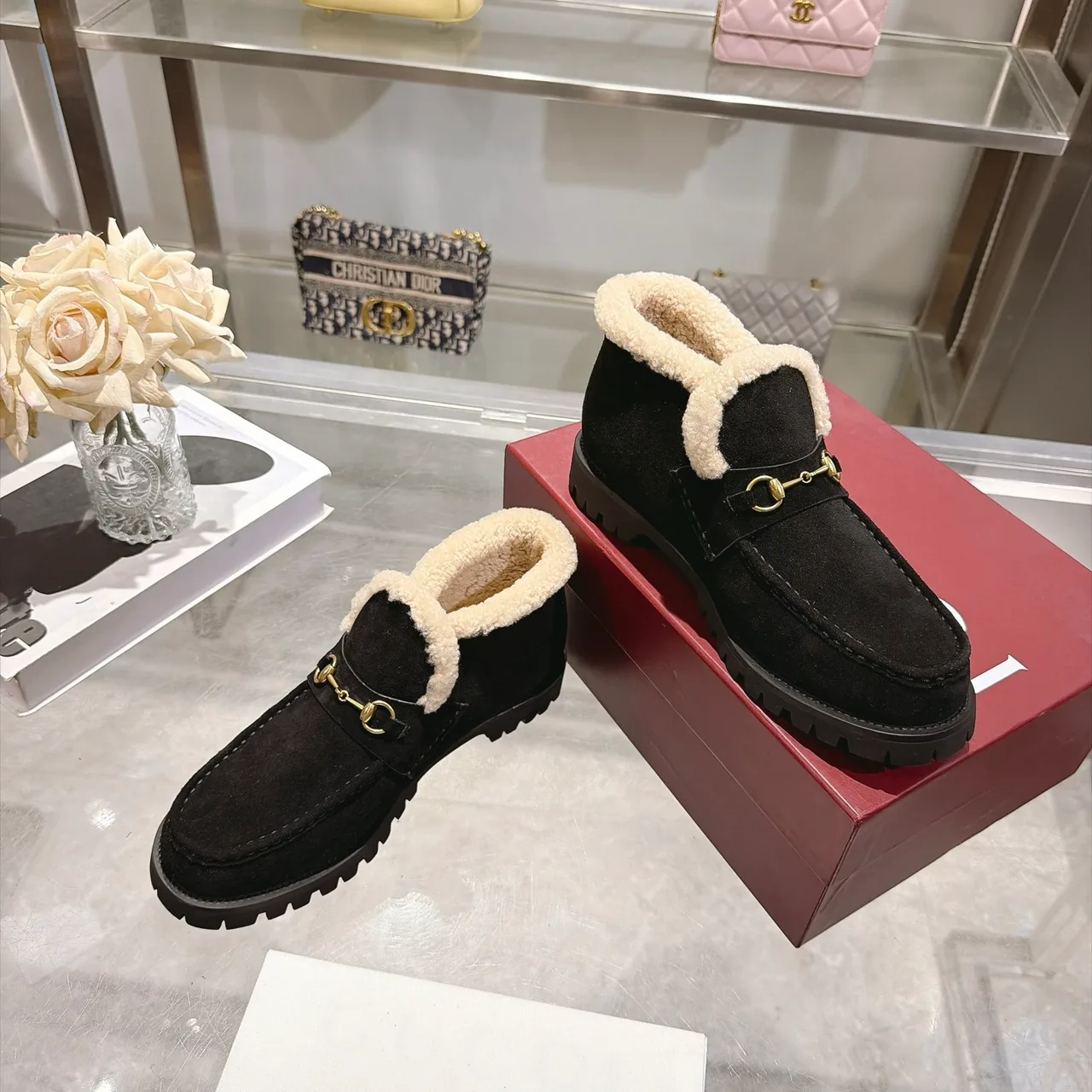 Cowhide Suede-Look Buckle Horsebit Lined Ankle Boots in Black · view 4