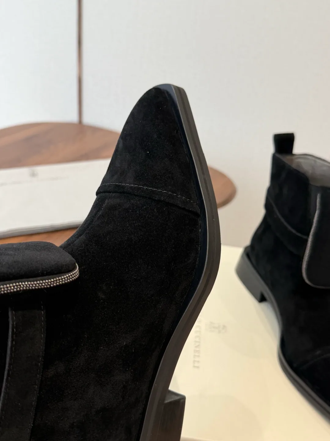 Brunello Cucinelli Pointed-Toe Suede Ankle Boots in Black · view 6