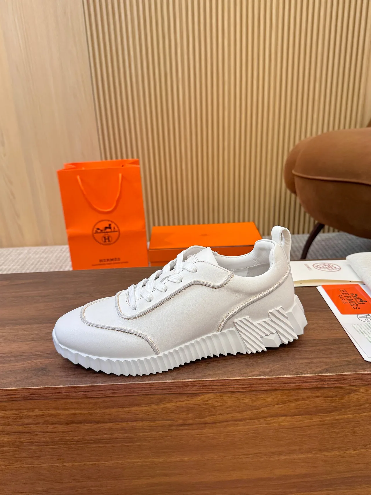 Hermes Smooth Lace-Up Sneakers in White · view 1
