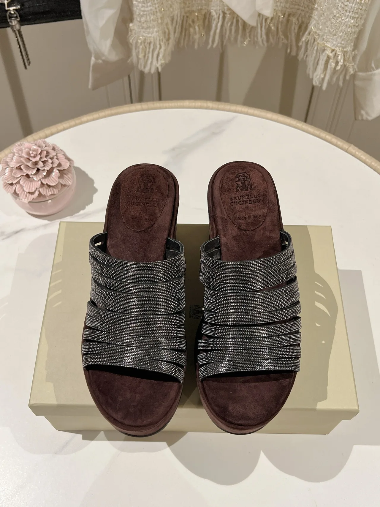 Brunello Cucinelli Beaded Slide Sandals in Grey · view 1