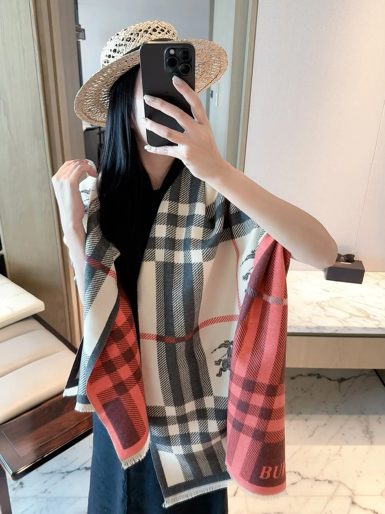 Burberry Check Fringed Scarf in Cream & Pink · view 4