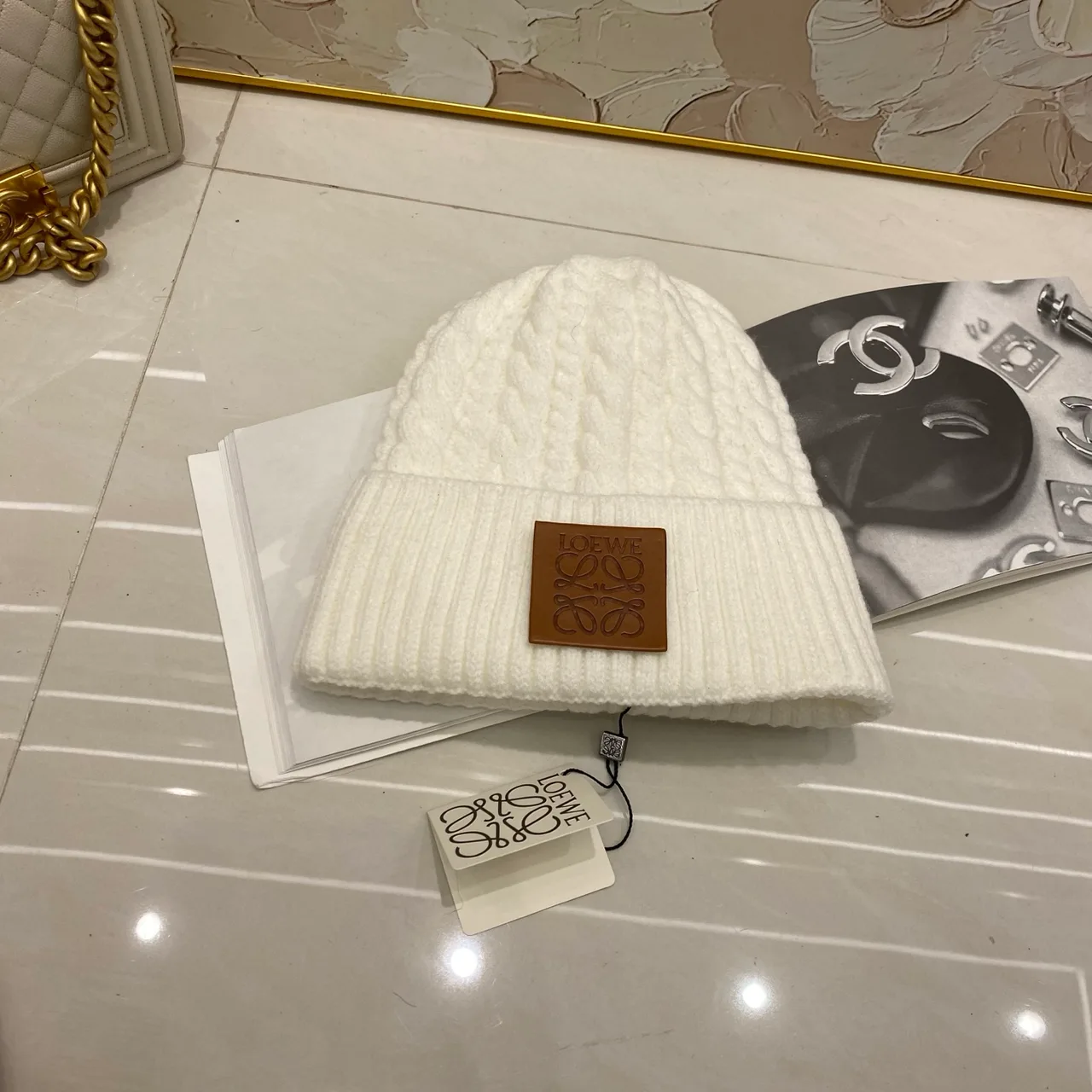 Loewe Cable knit beanie in Black & White & Cream & Brown & Grey & Burgundy · view 2