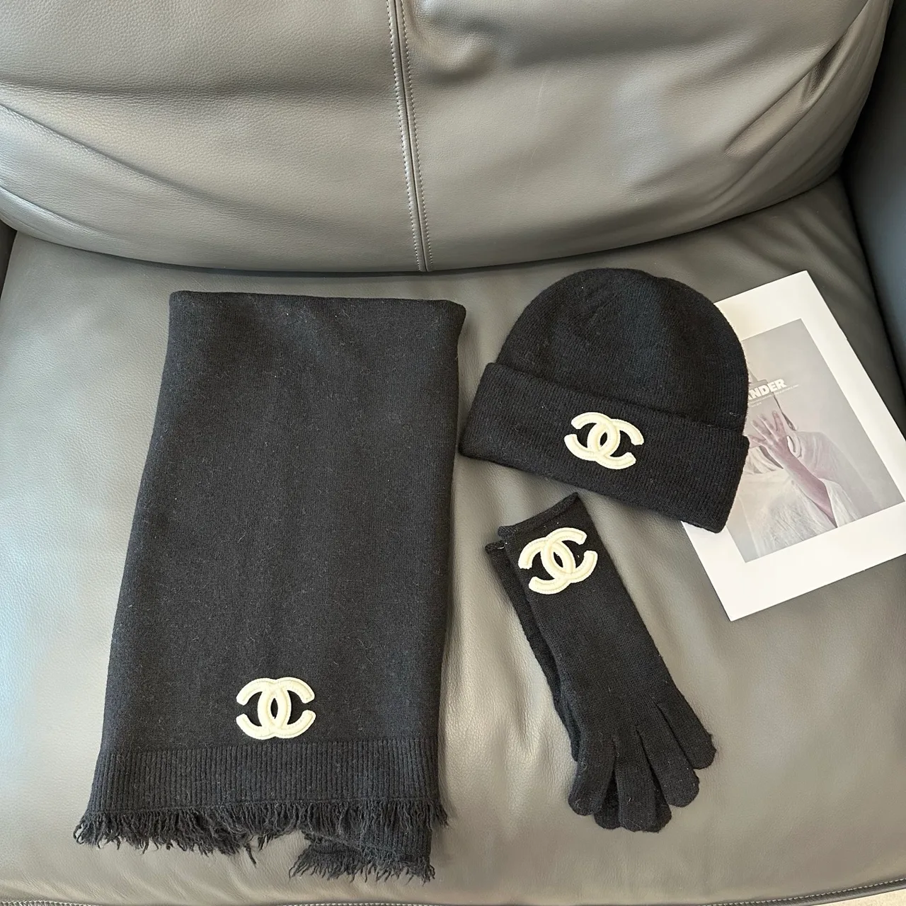 Chanel Hat Scarf and Gloves Set in White & Black & Grey & Beige · view 2
