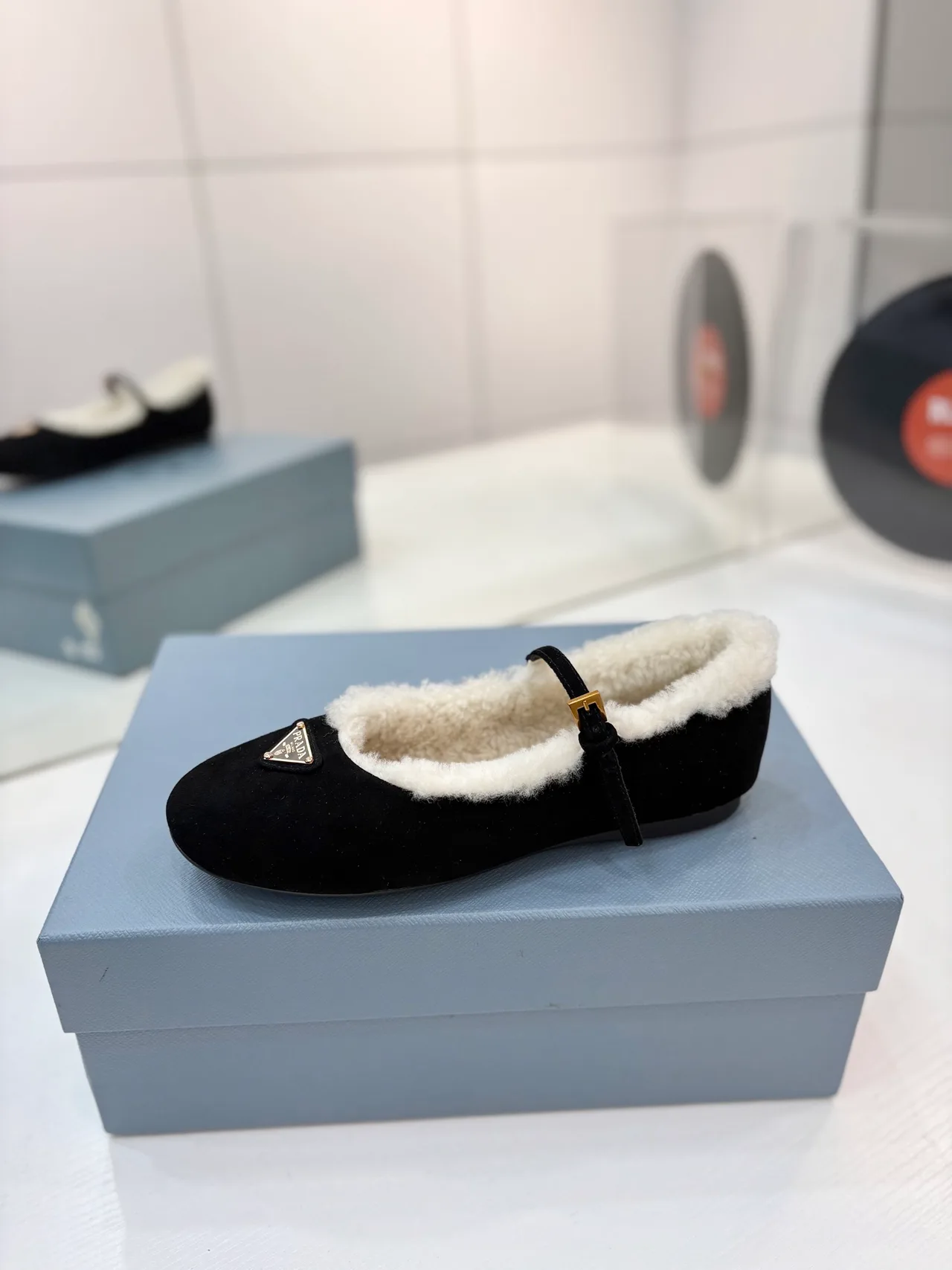Prada Buckle Fur-Lined Mary Jane Flats in Black · view 5