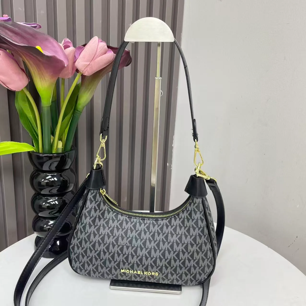 Michael Kors MK Crescent Shoulder Bag in Grey & Brown & White & Beige · view 1