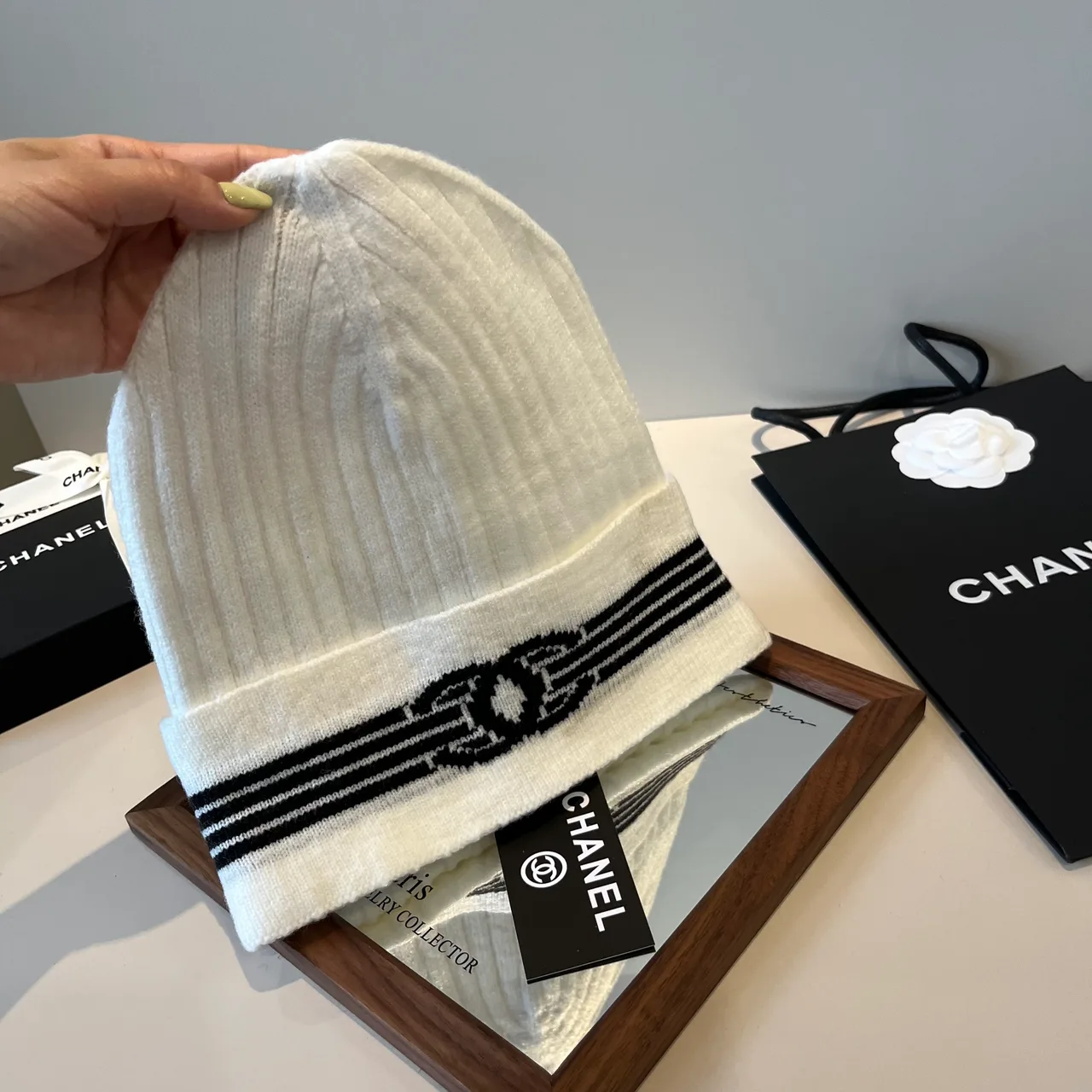 Chanel Ribbed Striped Beanie in White · view 5