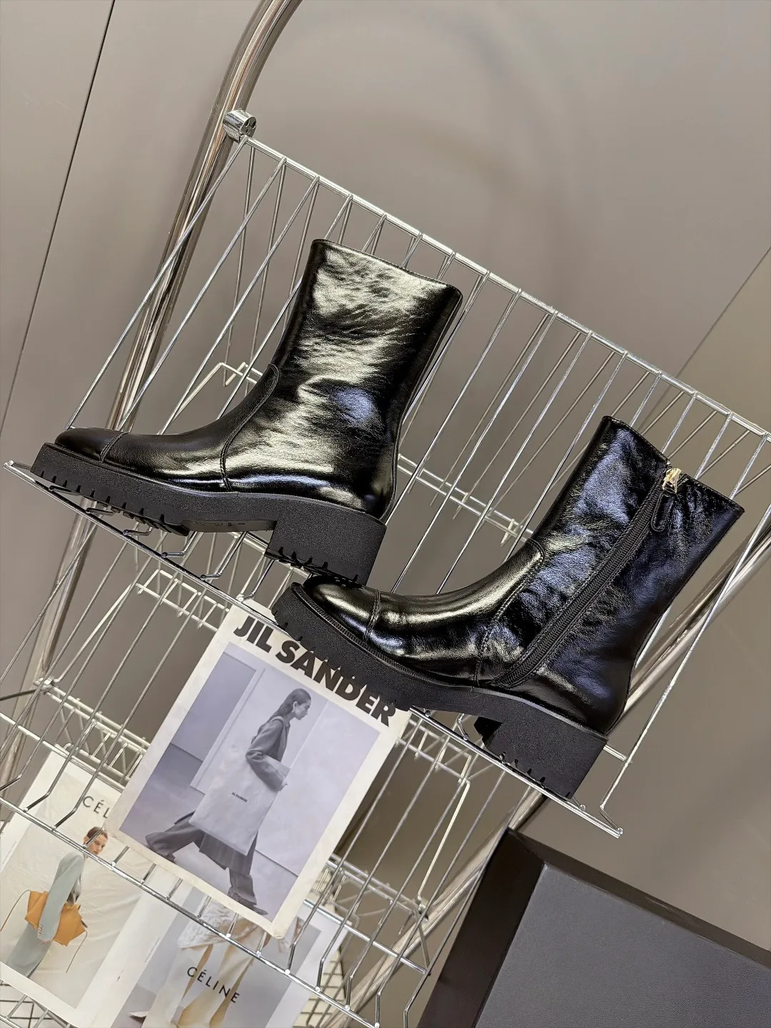Chanel Cowhide Patent Leather Glossy Round-Toe Ankle Boots in Black · view 5