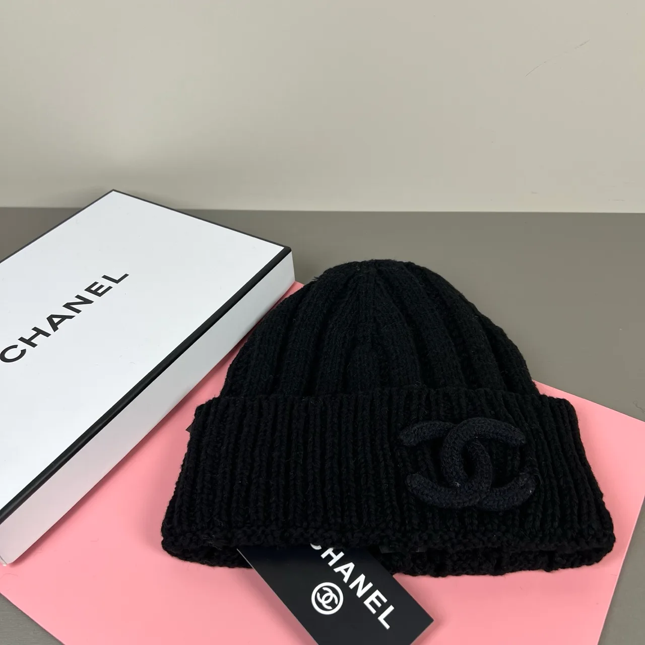 Chanel Raised-logo knit beanie in Black & Pink · view 5