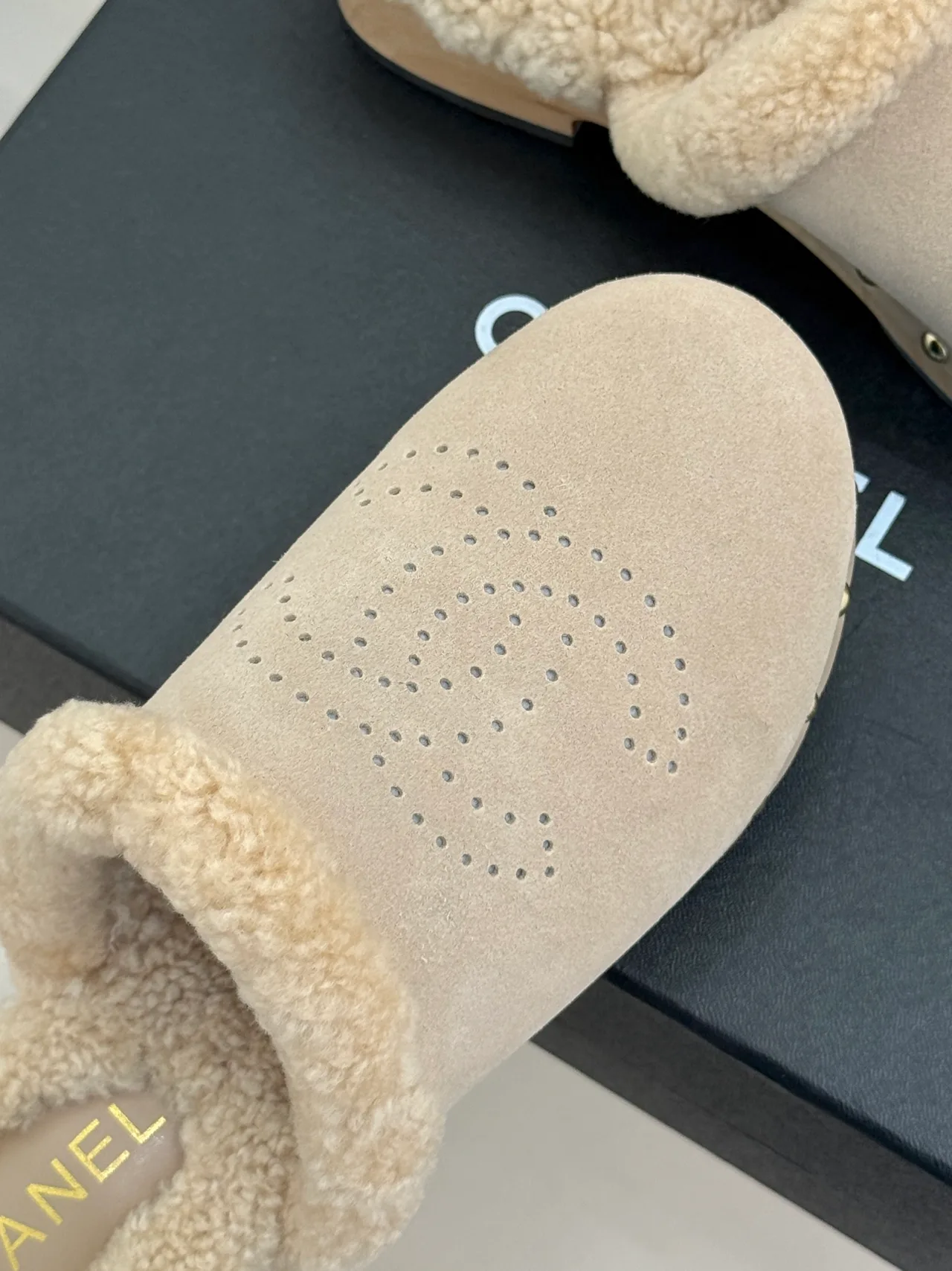 Chanel Patent Leather Wool Mules in Beige · view 7