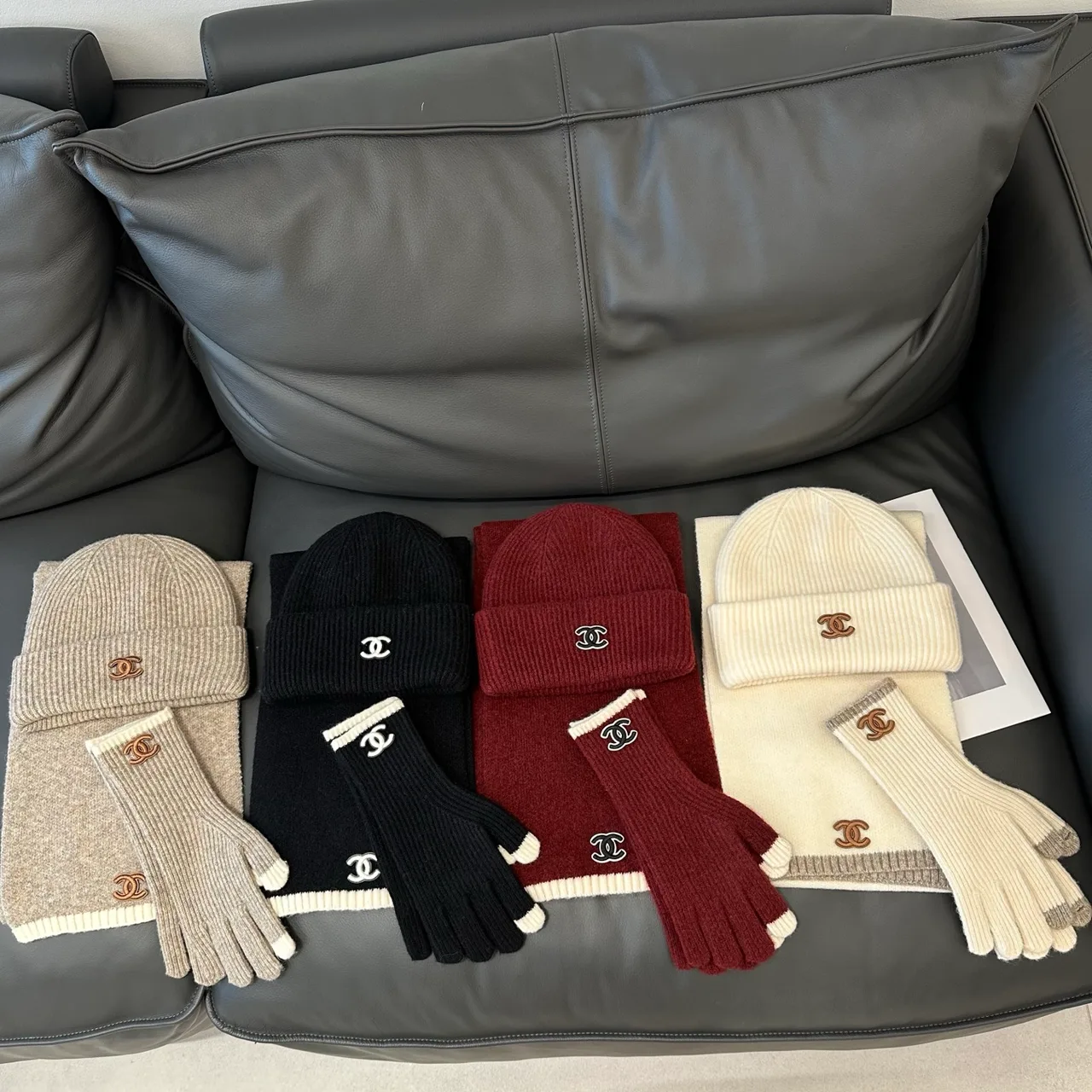 Chanel Hat Scarf and Gloves Set in Beige & Black & Burgundy & White · view 6