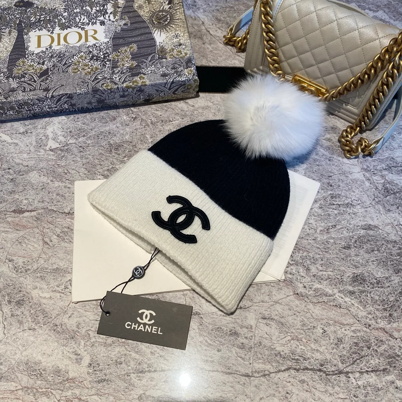 Chanel Pom-Pom Beanie in White & Black & Tan · view 2