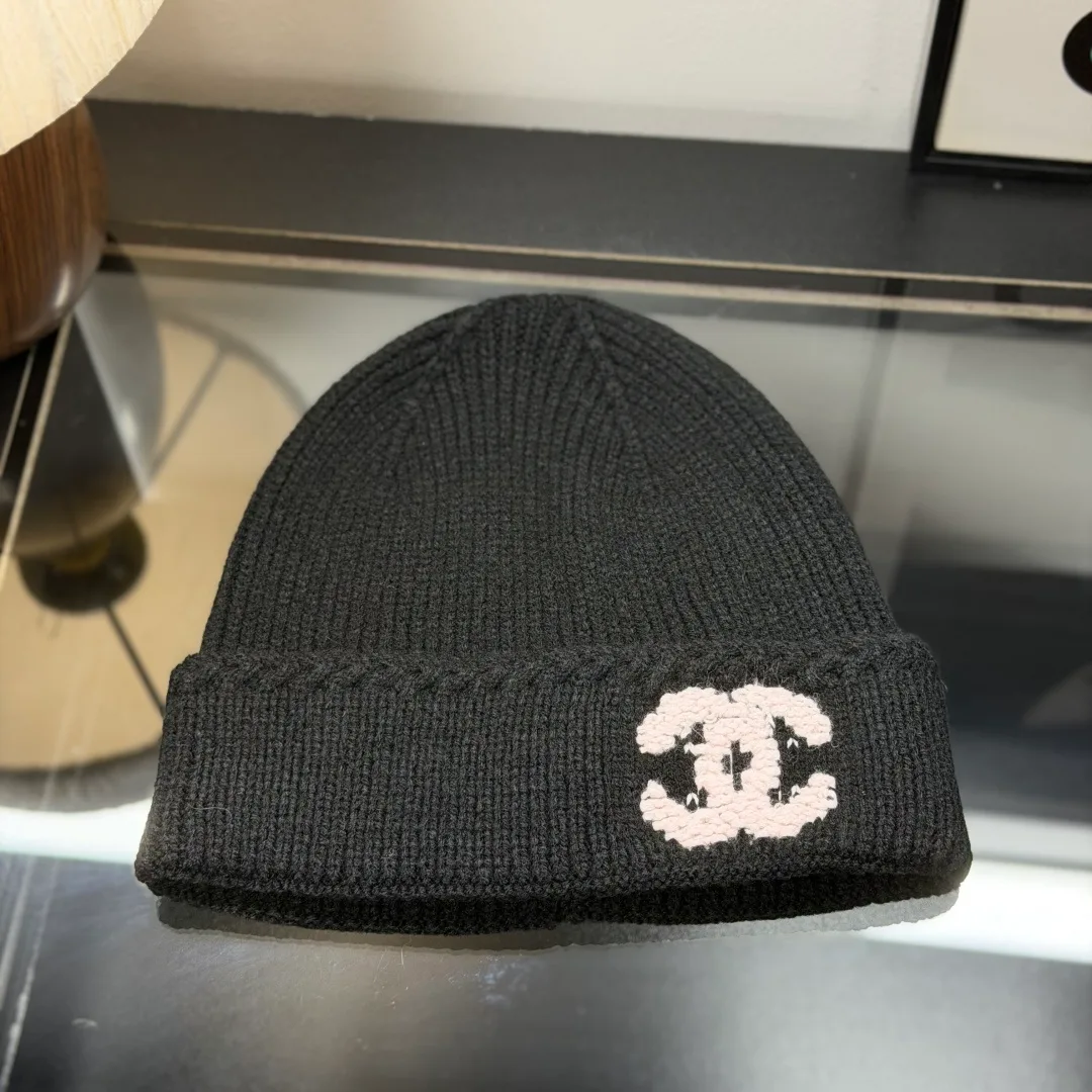Chanel CC Knit Beanie in Black & Grey & Pink · view 1