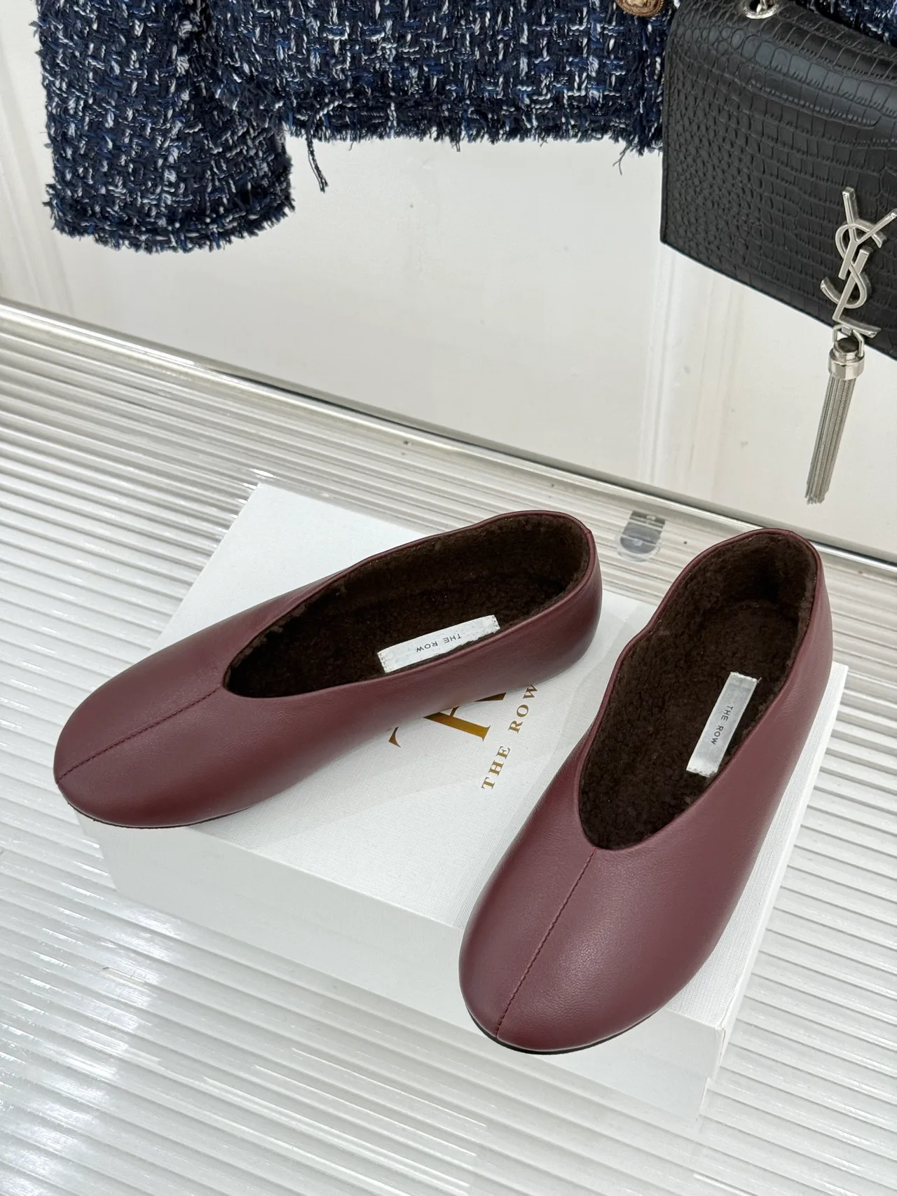 The Row Smooth Square-Toe Lined Ballet Flats in Burgundy · view 2
