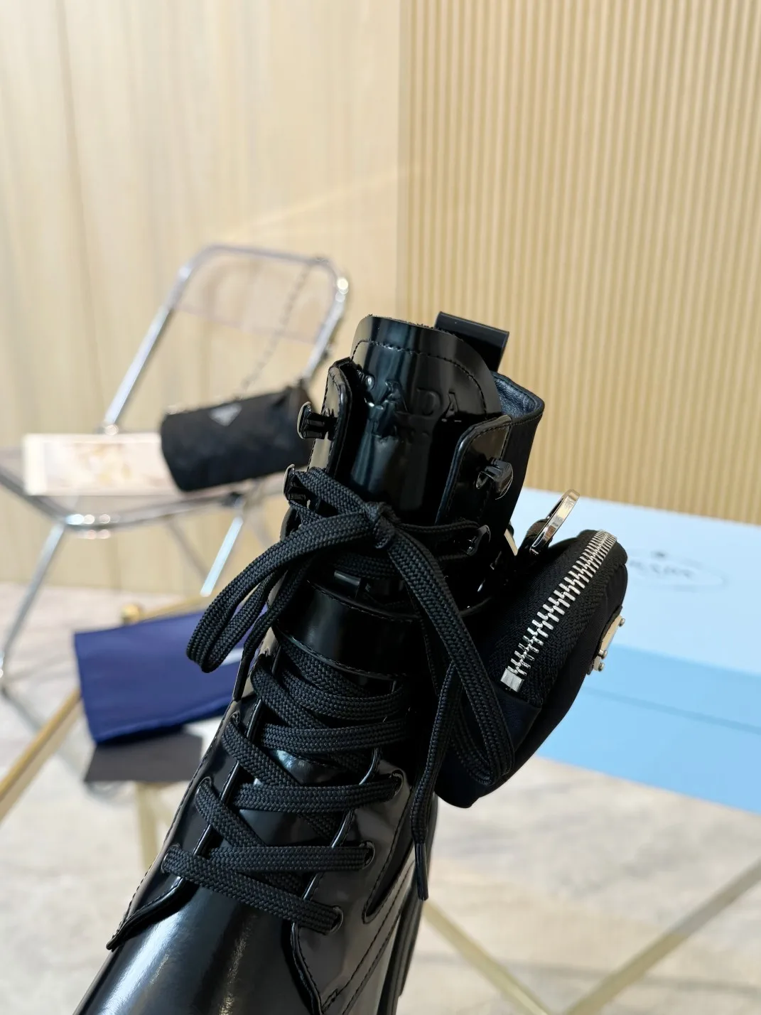 Prada Cowhide Glossy Lace-Up Ankle Boots in Black · view 8