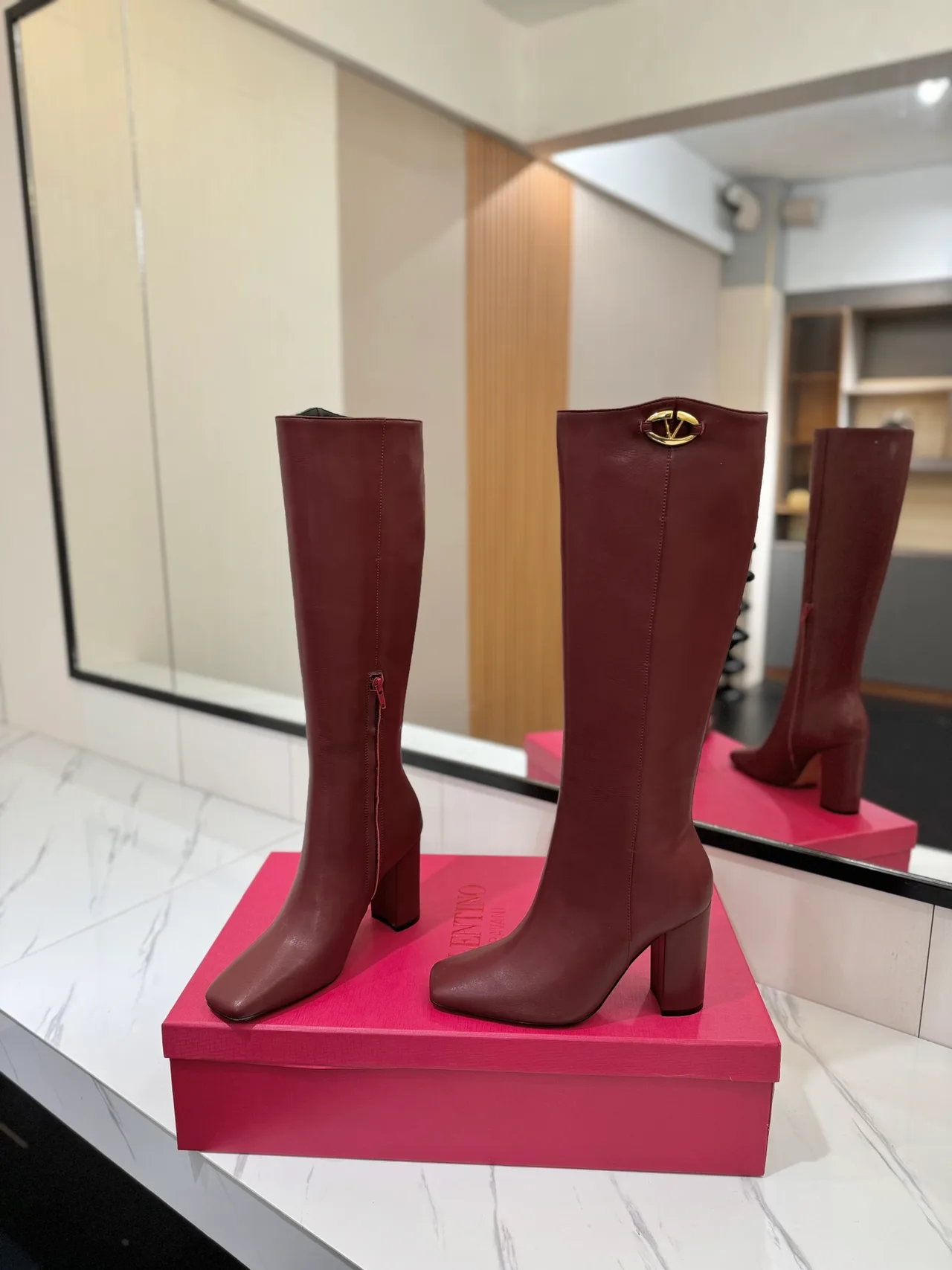 Valentino Cowhide Glossy Square-Toe Knee-High Boots in Burgundy · view 5