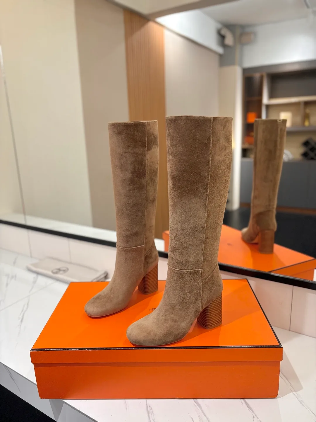 Hermes Cowhide Knee-High Boots in Grey · view 2