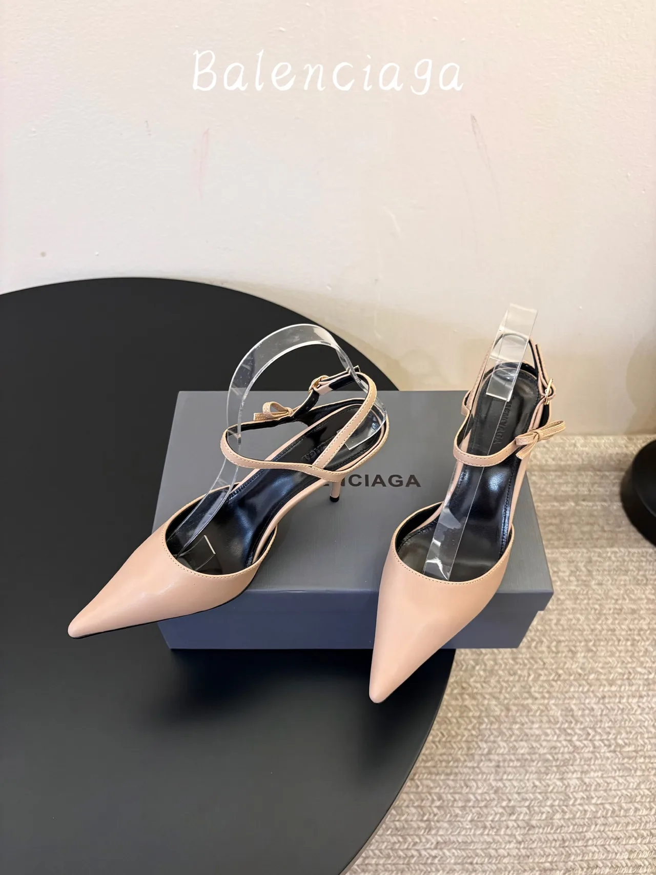 Balenciaga Glossy Pointed-Toe Ankle Strap Pumps in Beige · view 3