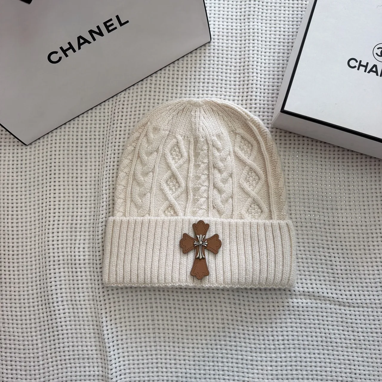 Chrome Hearts Cross-patch knit beanie in Black & White & Cream & Grey & Tan · view 3