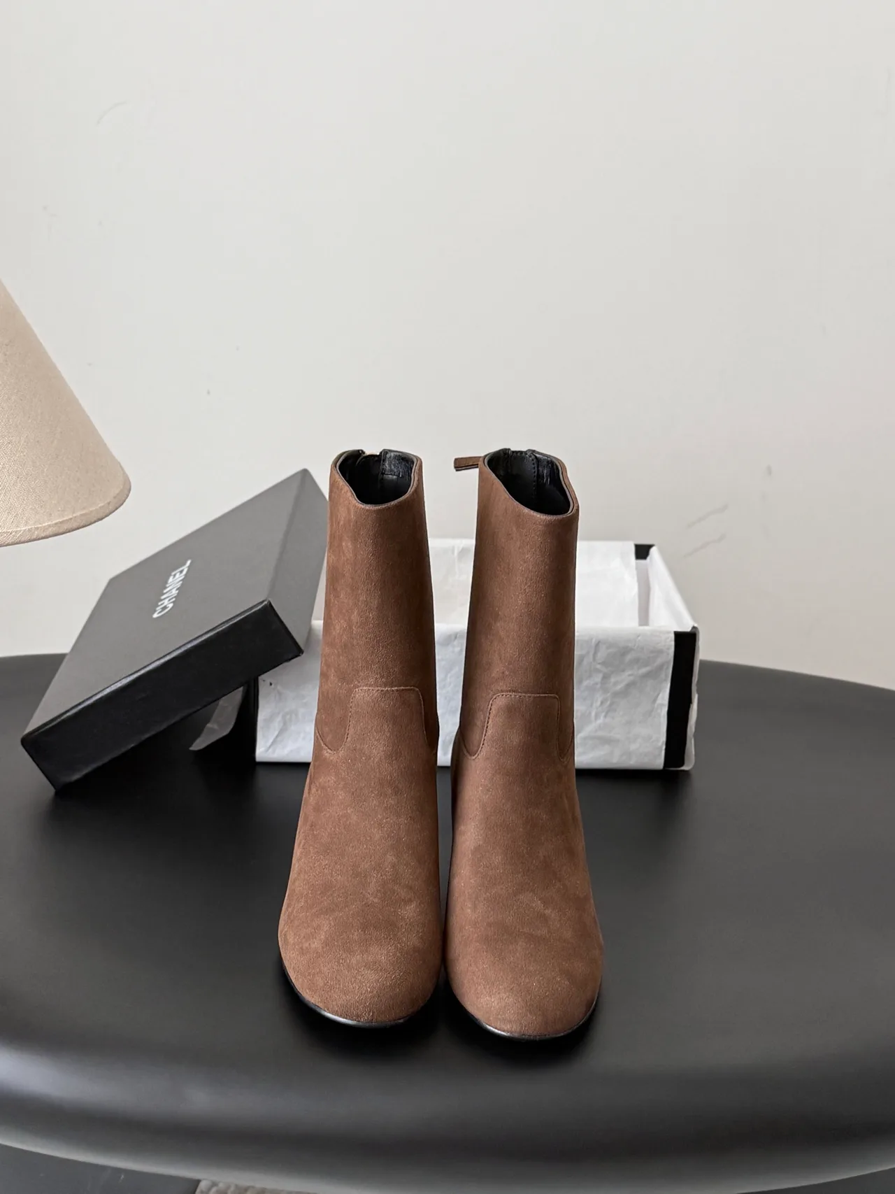 Chanel Sheepskin Glossy Suede-Look Round-Toe Ankle Boots in Brown · view 1