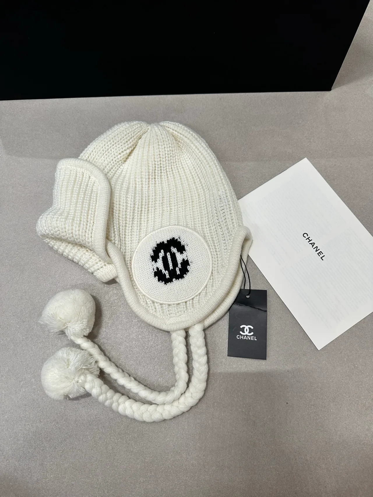 Chanel Earflap Knit Hat in Cream & Black · view 1