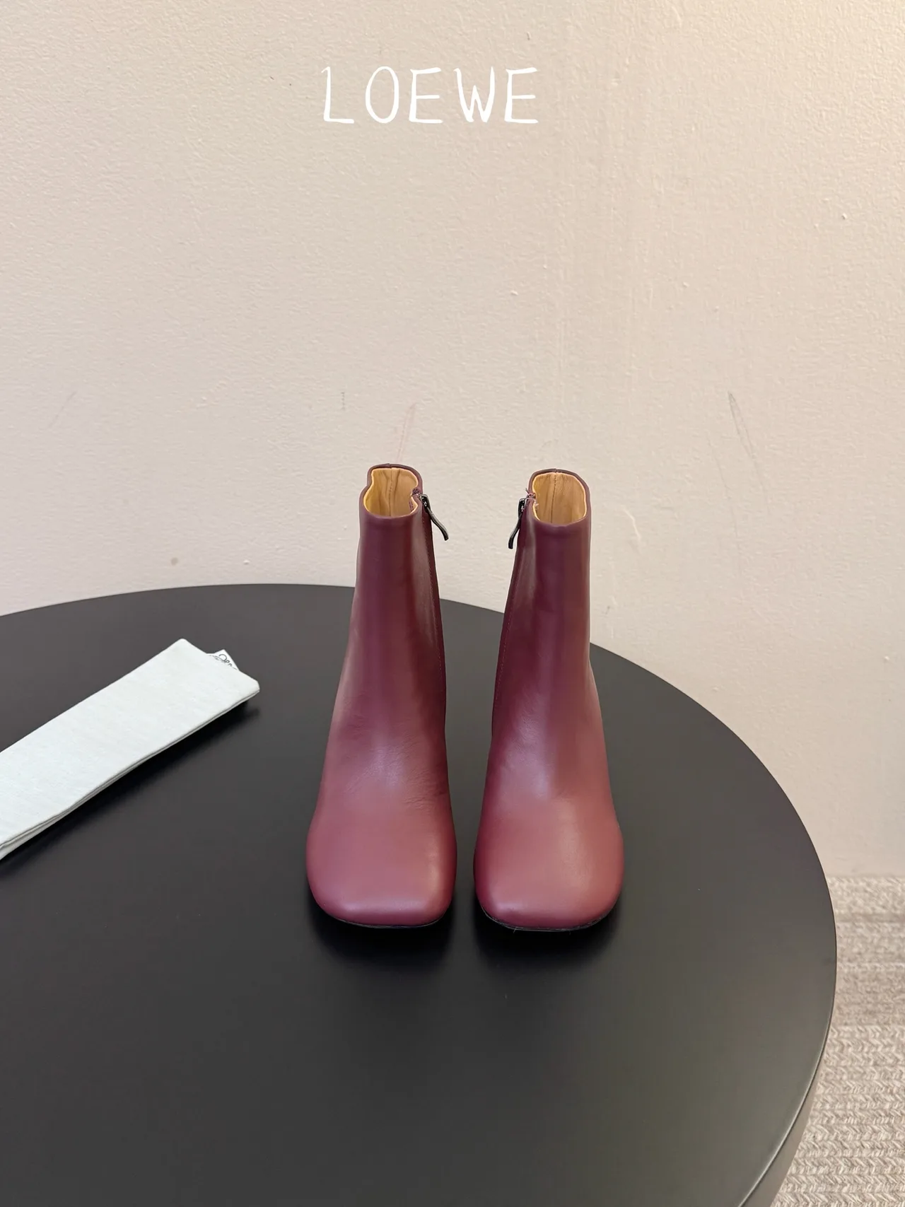 Loewe Cowhide Glossy Round-Toe Ankle Boots in Burgundy · view 1
