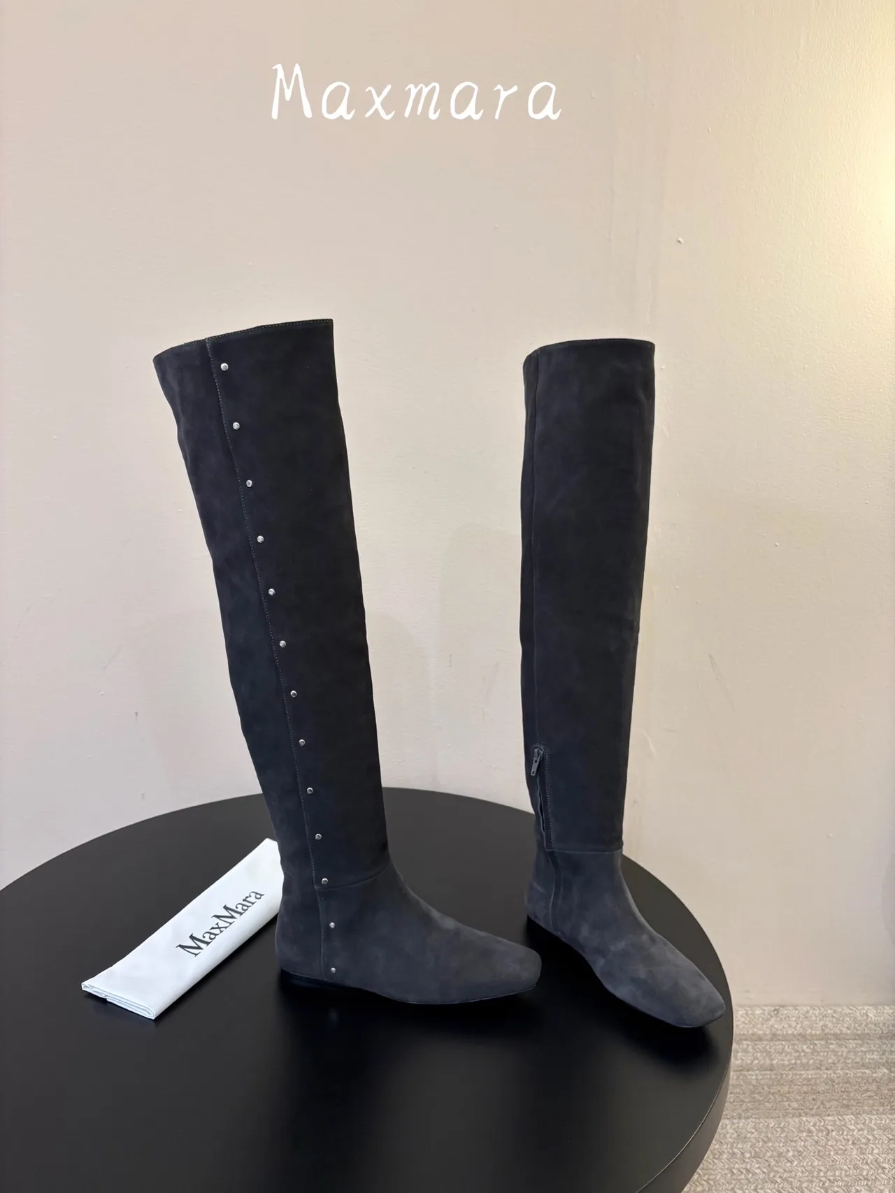 Max Mara Suede-Look Pointed-Toe Over-The-Knee Boots in Grey · view 4
