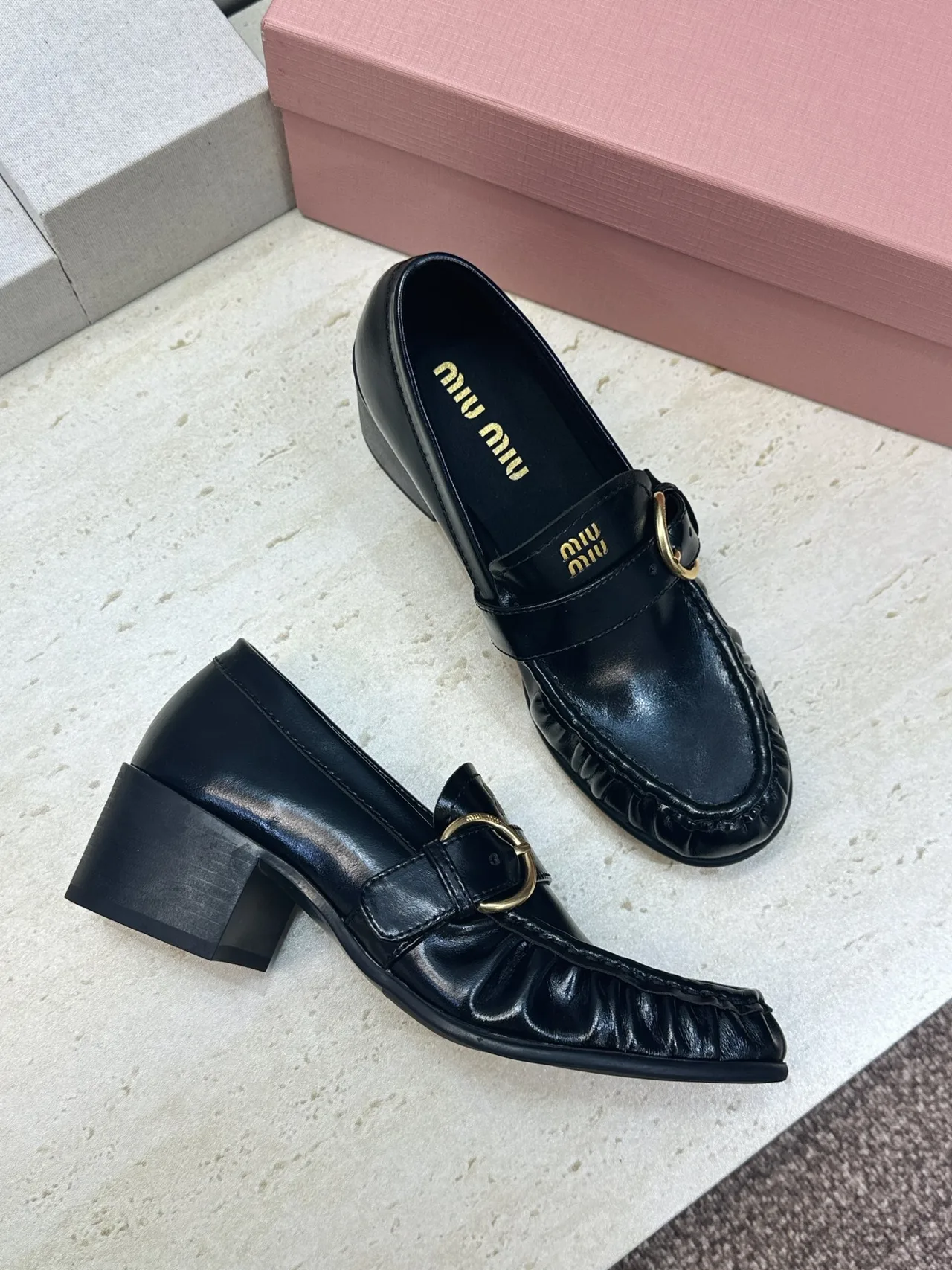 Miu Miu Cowhide Sheepskin Square-Toe Buckle Heeled Loafers in Black · view 4