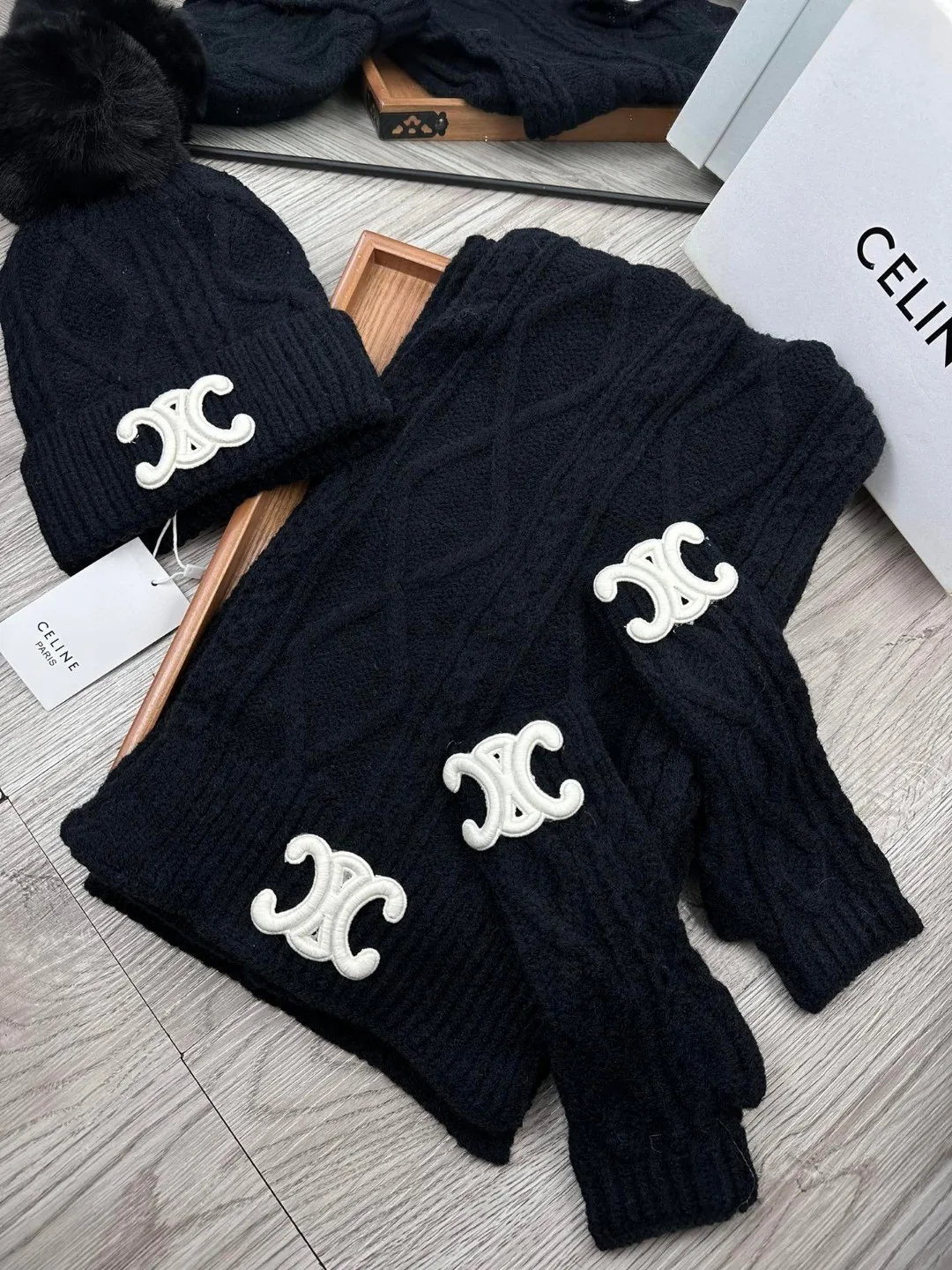 Celine 50% Wool 50% Acrylic Embroidered 3-Piece Set (Hat, Scarf & Gloves) in Black · view 2