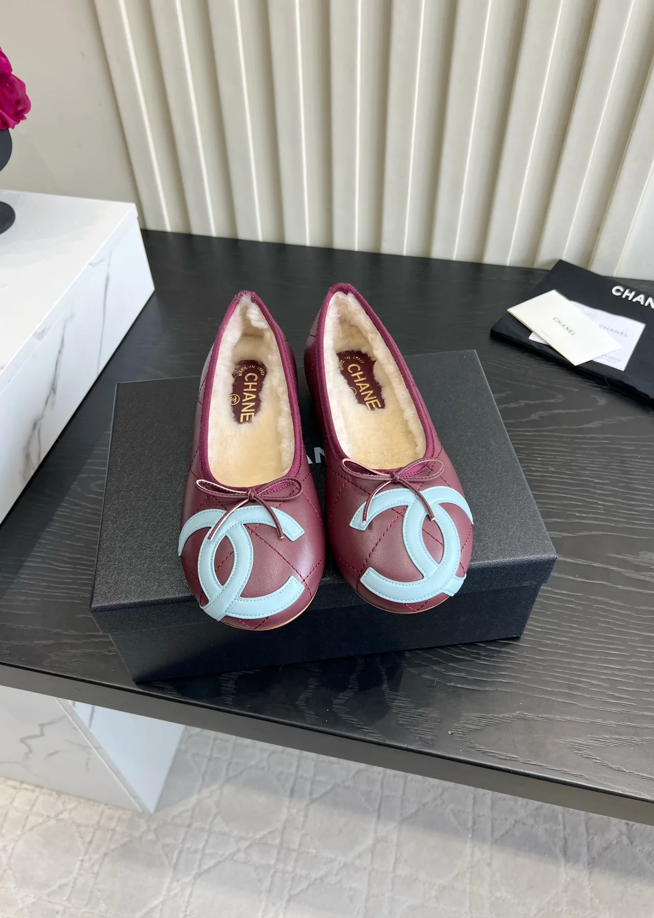 Chanel Sheepskin Quilted Bow Fur-Lined Ballet Flats in Burgundy · view 1