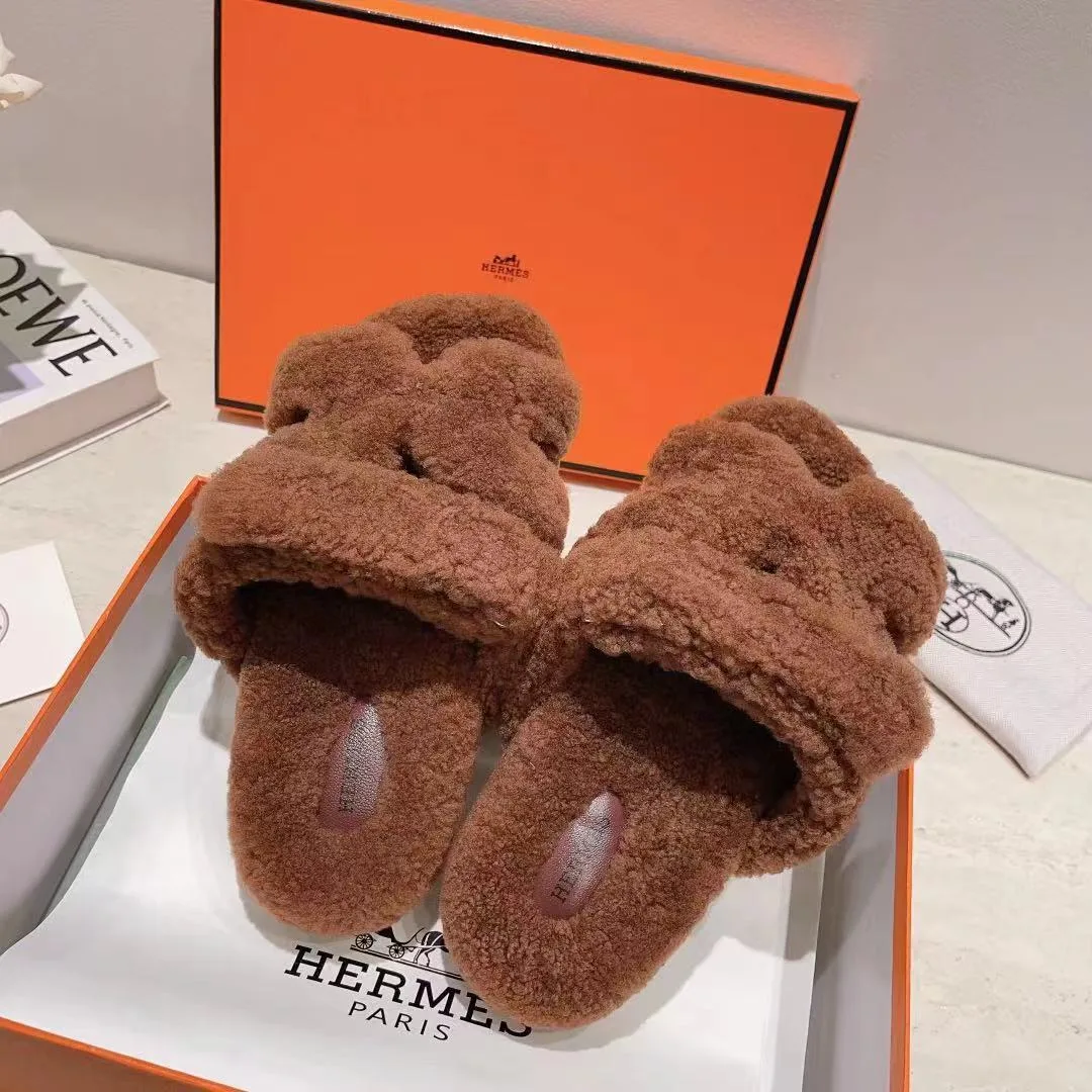 Hermes Sheepskin Chypre Shearling Slides in Brown · view 2
