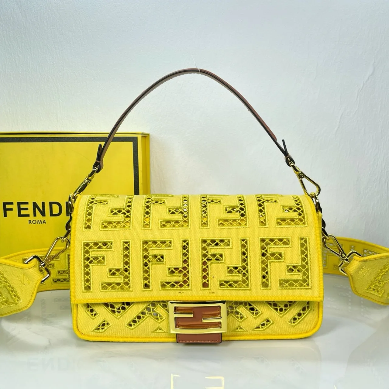 Fendi Canvas Cutout FF-Pattern Flap Shoulder Bag in Yellow · view 1