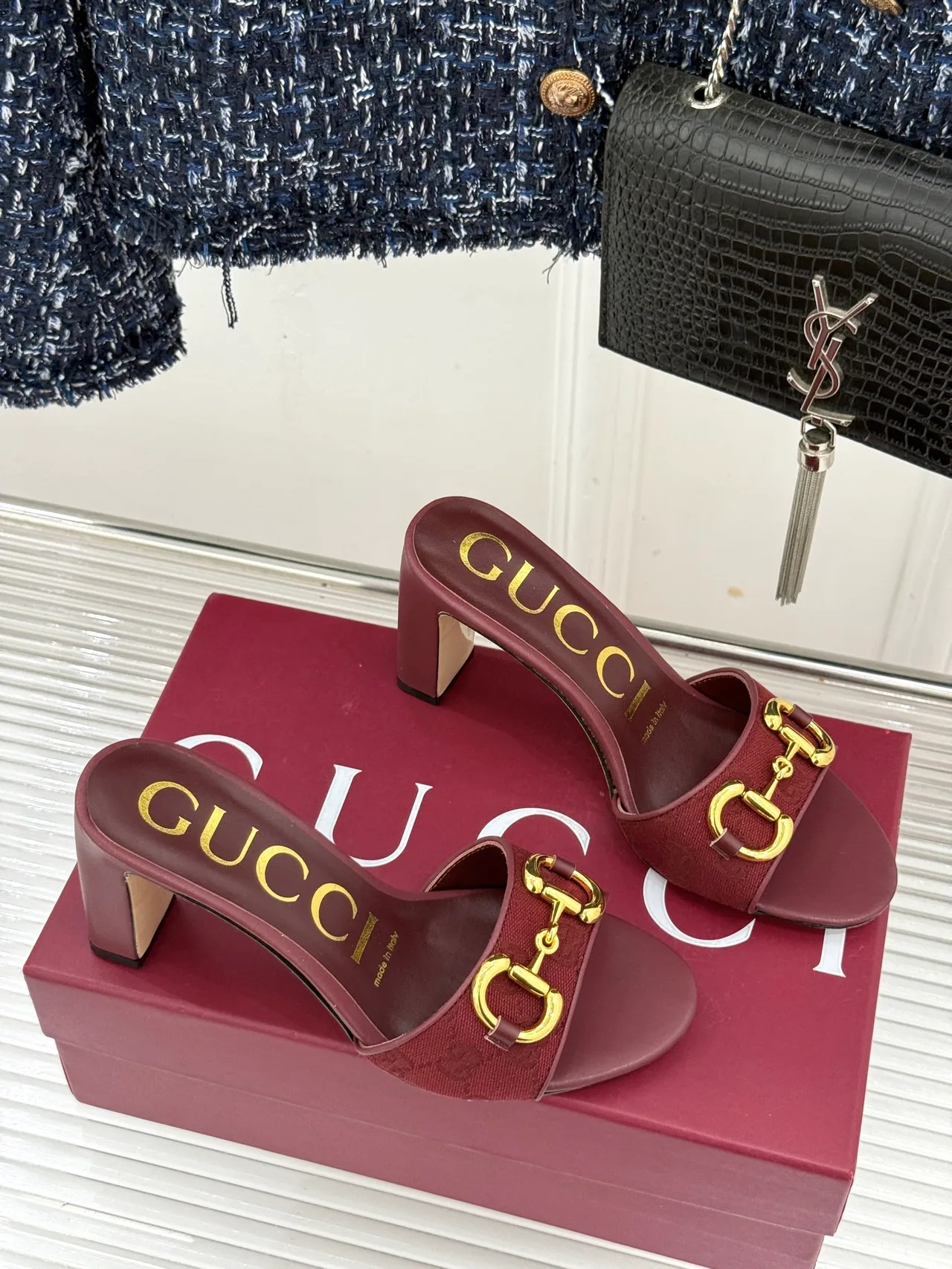 Gucci Canvas Denim Glossy Buckle Mules in Burgundy · view 3