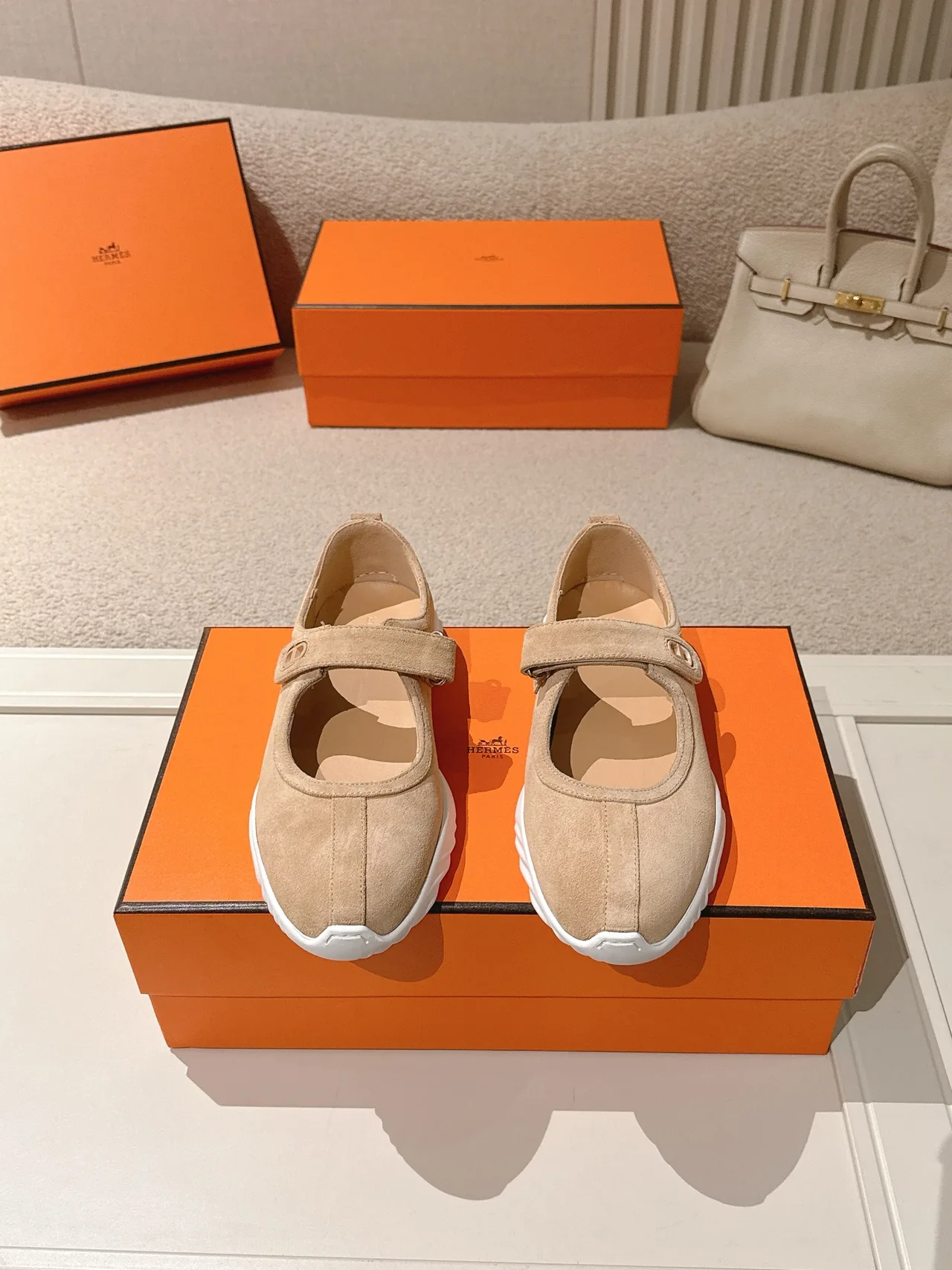 Hermes Lambskin Smooth Mary Jane Shoes in Beige · view 1