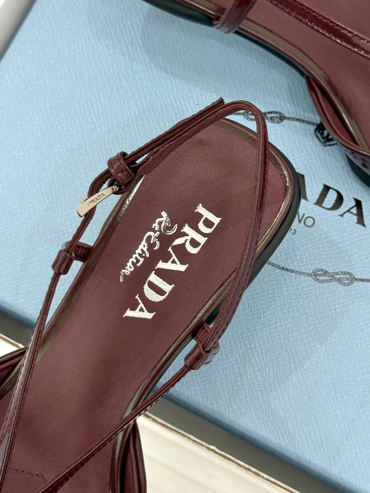 Prada Lambskin Pointed Slingback Pumps in Burgundy · view 8