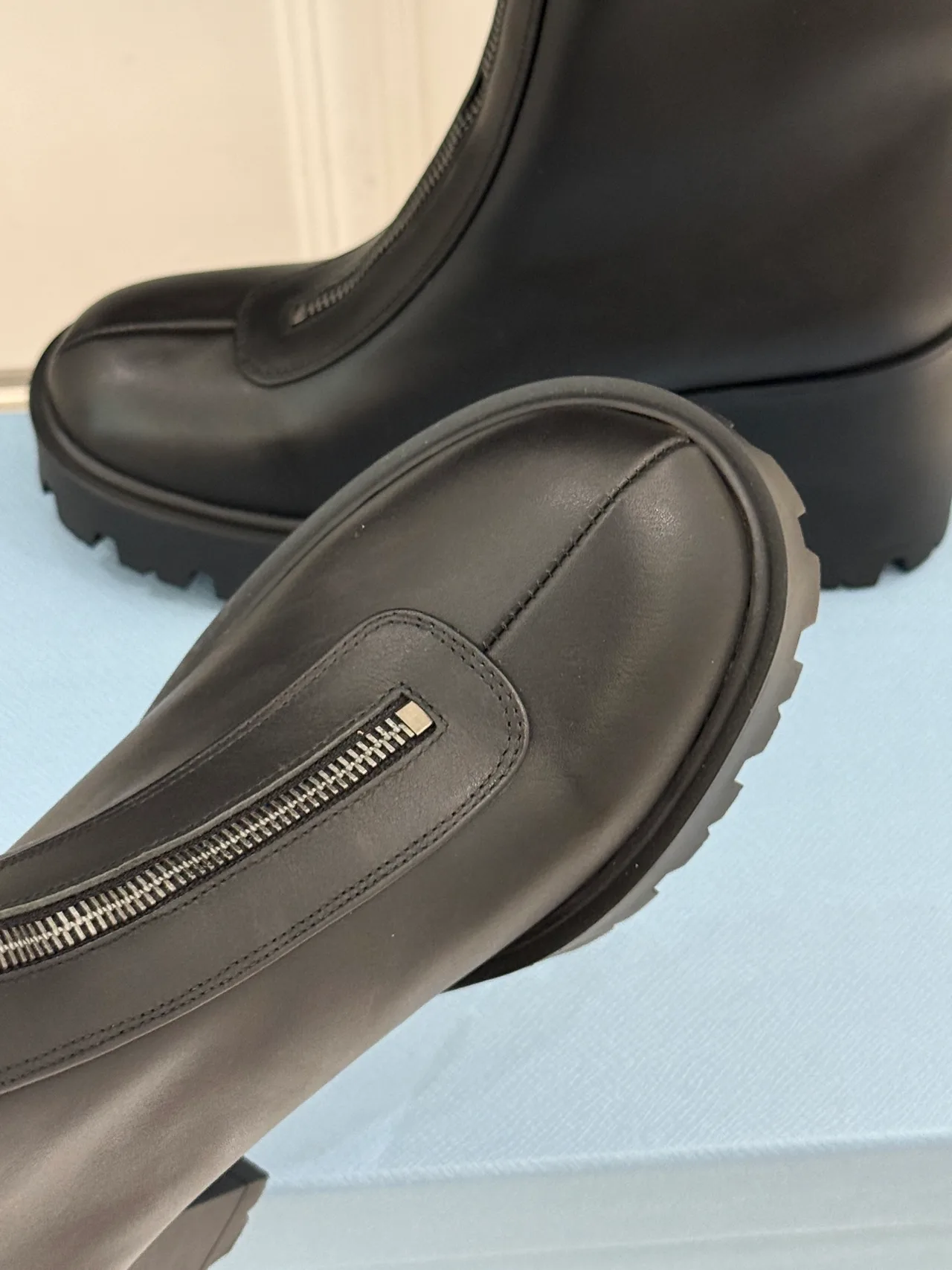 Prada Denim Glossy Front-zip ankle boots in Black · view 7