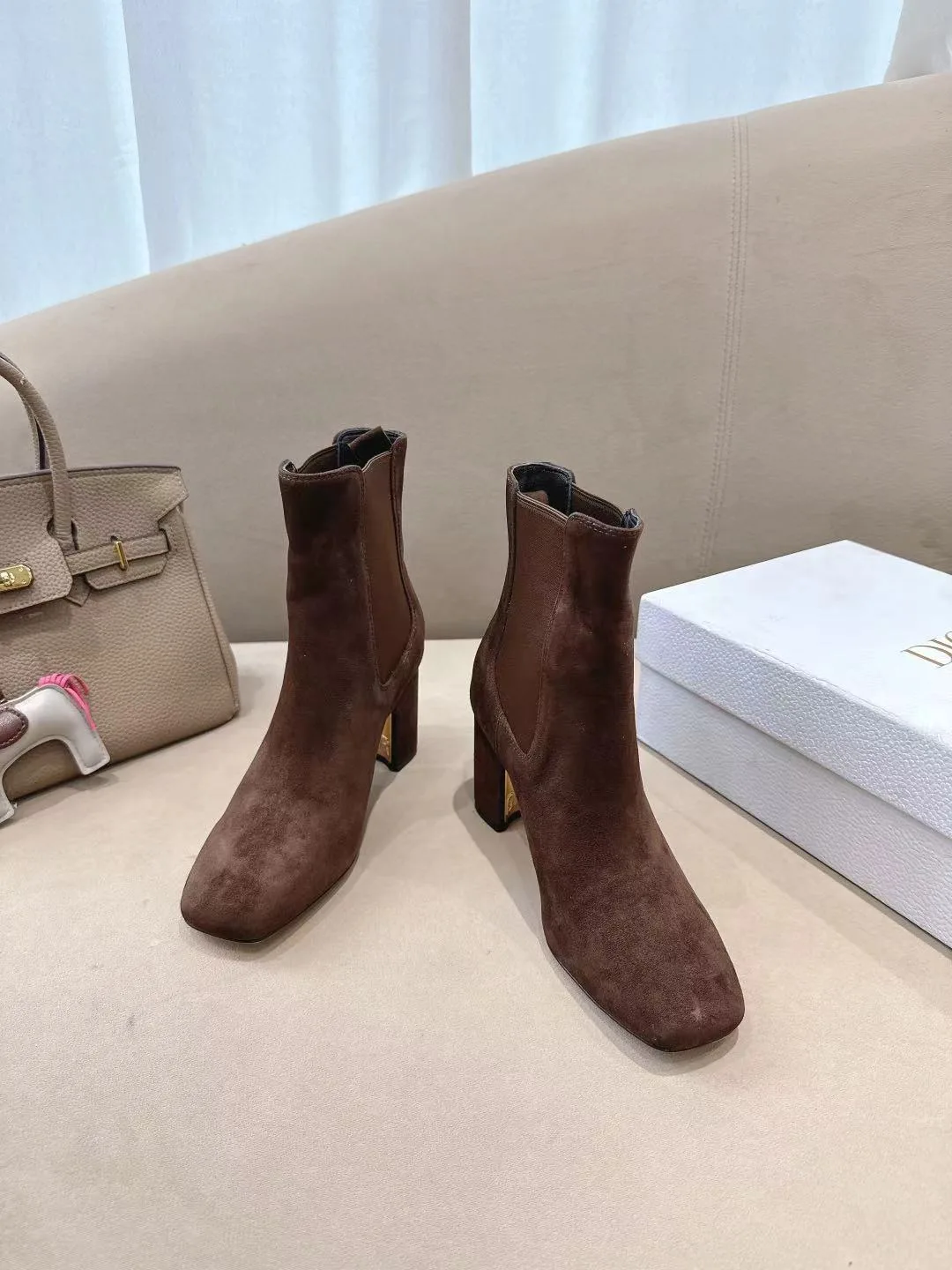 Dior Suede-Look Square-Toe Ankle Boots in Brown · view 2