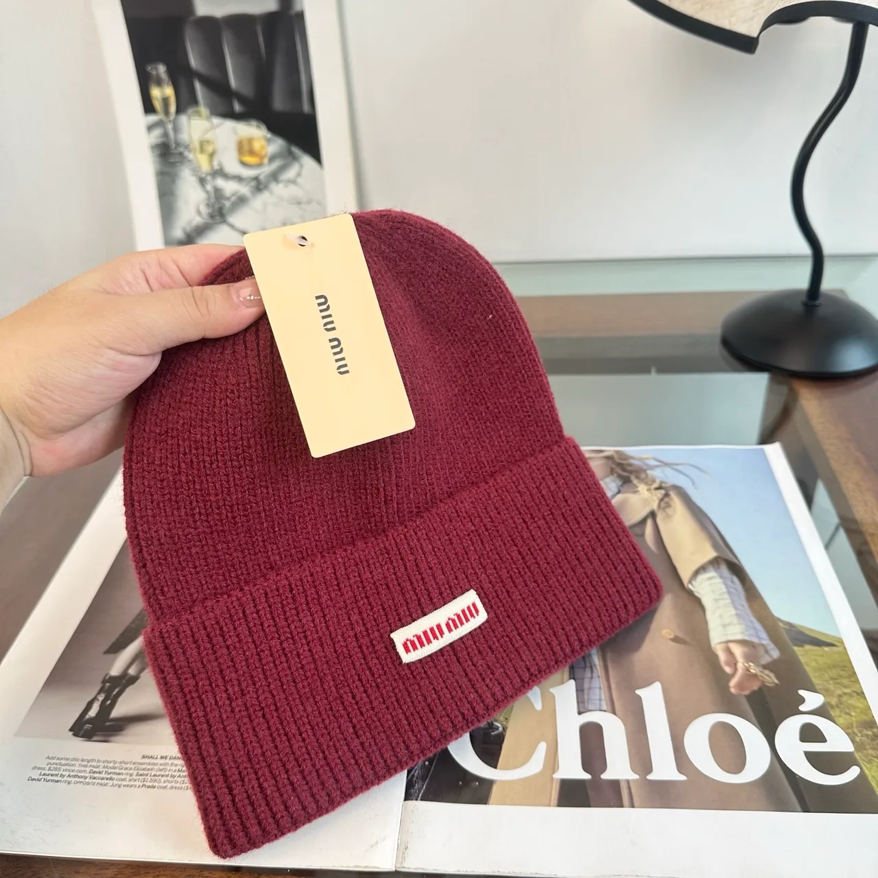 Miu Miu Ribbed Knit Beanie in Burgundy · view 4