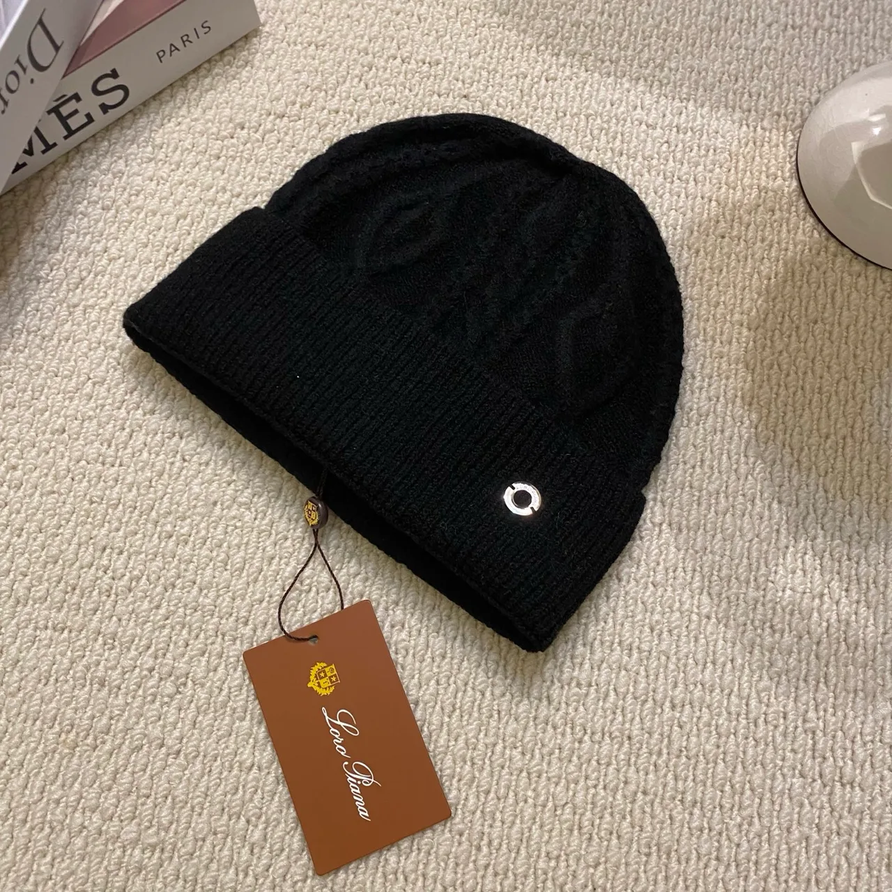 Loro Piana Cable-Emblem Beanie in Black & White & Tan & Grey & Pink & Brown & Blue · view 1