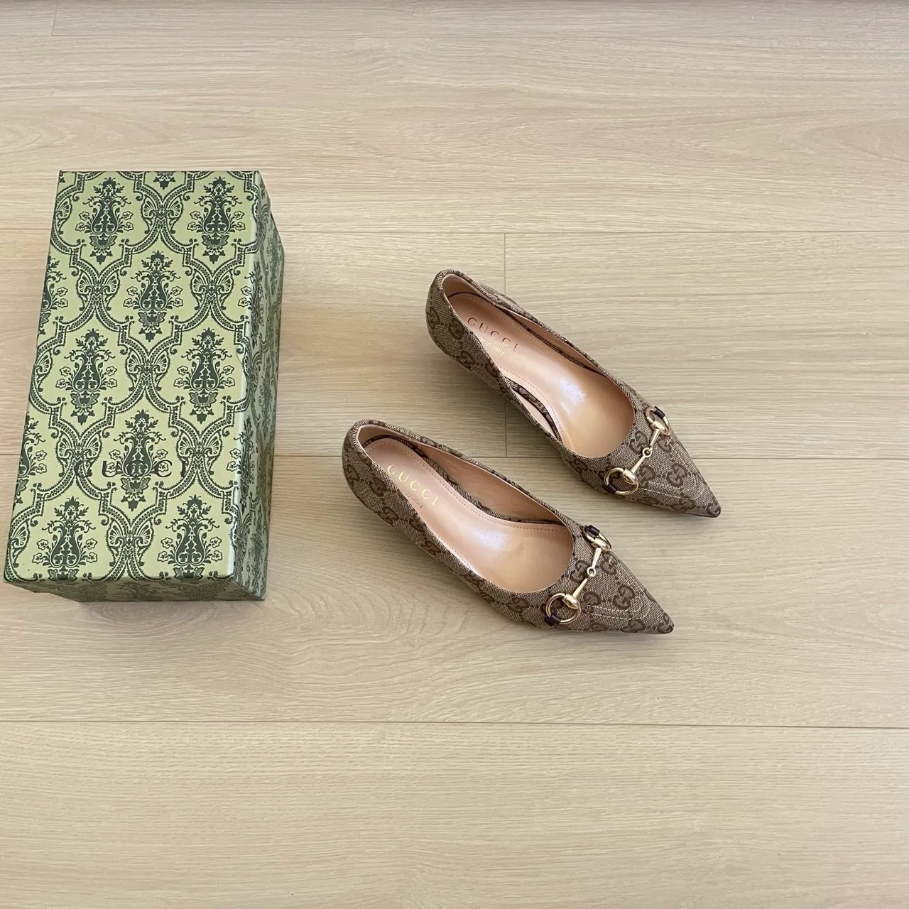 Gucci Canvas Pointed-Toe Monogram Kitten Heel Pumps in Beige · view 6