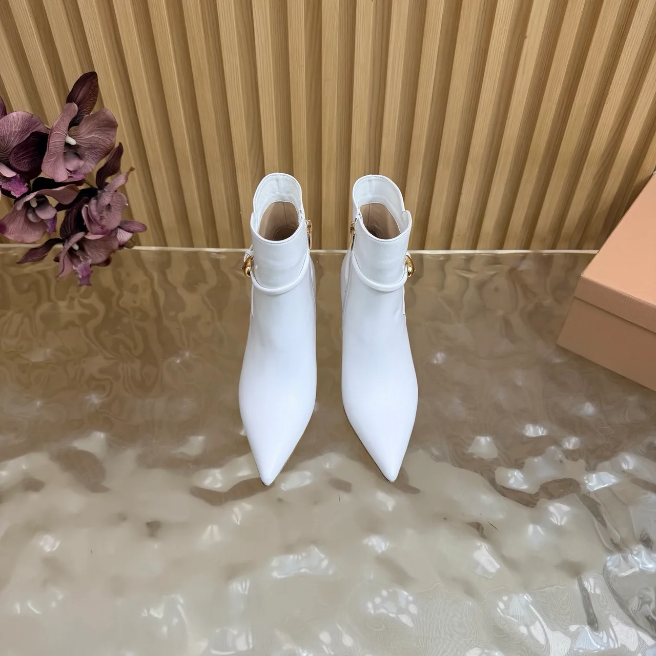 Bottega Veneta Glossy Pointed-Toe Buckle Ankle Boots in White · view 4