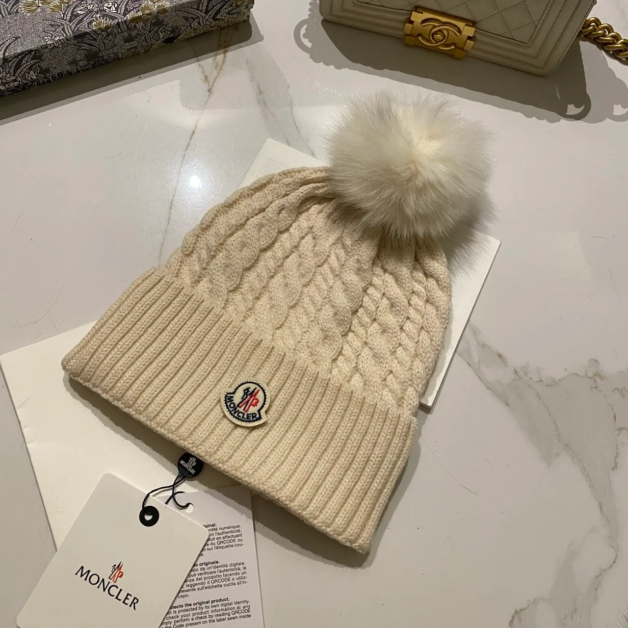 Moncler Pom-Pom Beanie in Black & White & Cream & Tan & Grey & Burgundy & Brown · view 3