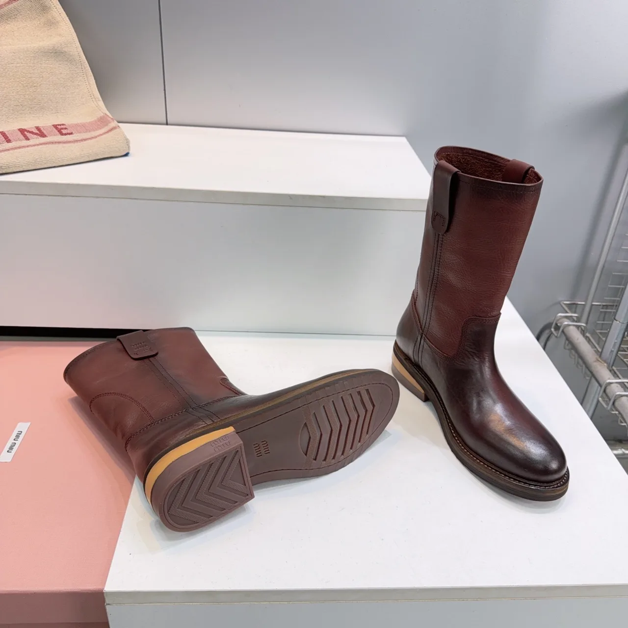 Miu Miu Cowhide Smooth Round-Toe Pull-On Boots in Brown · view 8