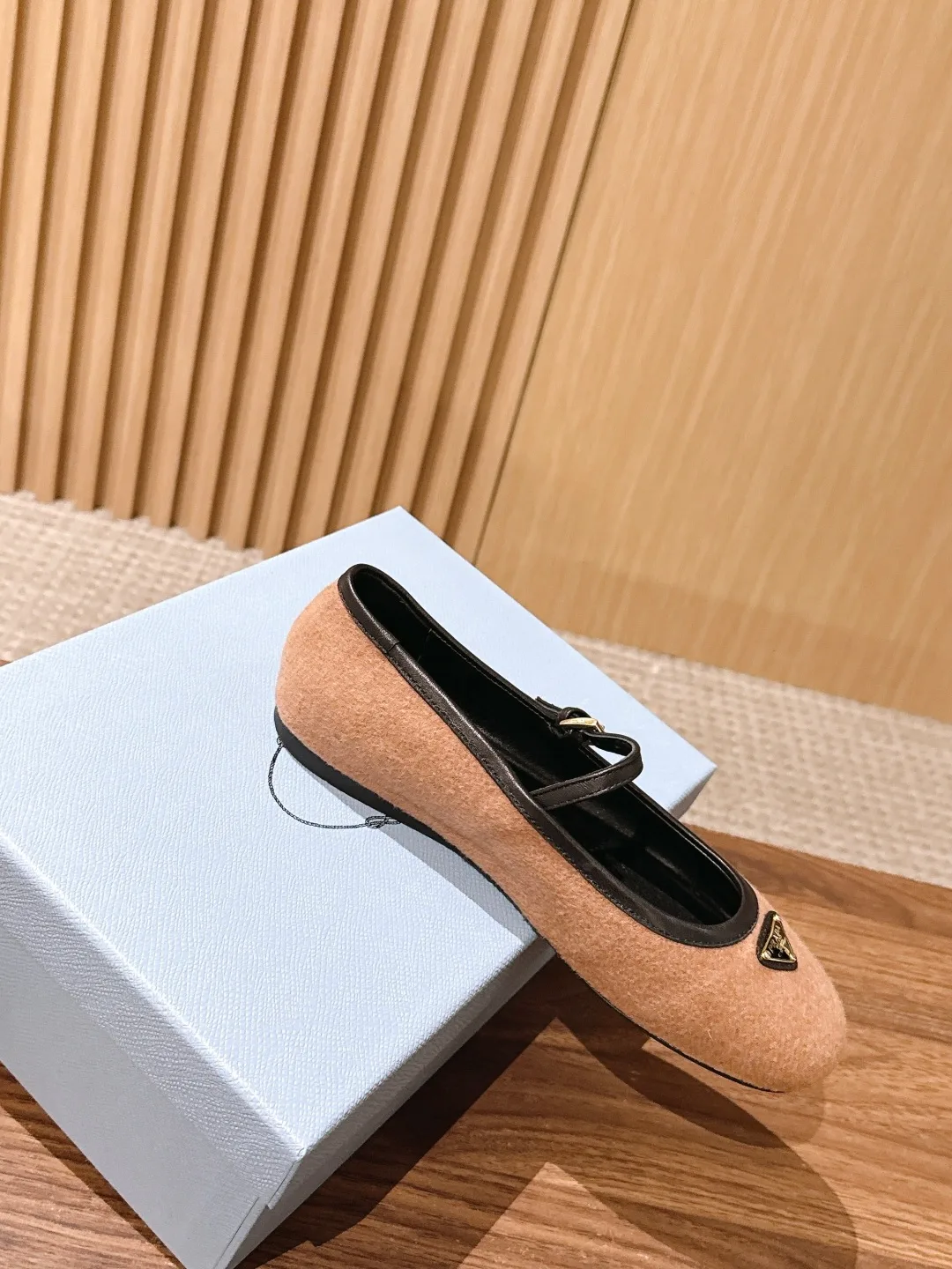 Prada Buckle Mary Jane Flats in Tan · view 3