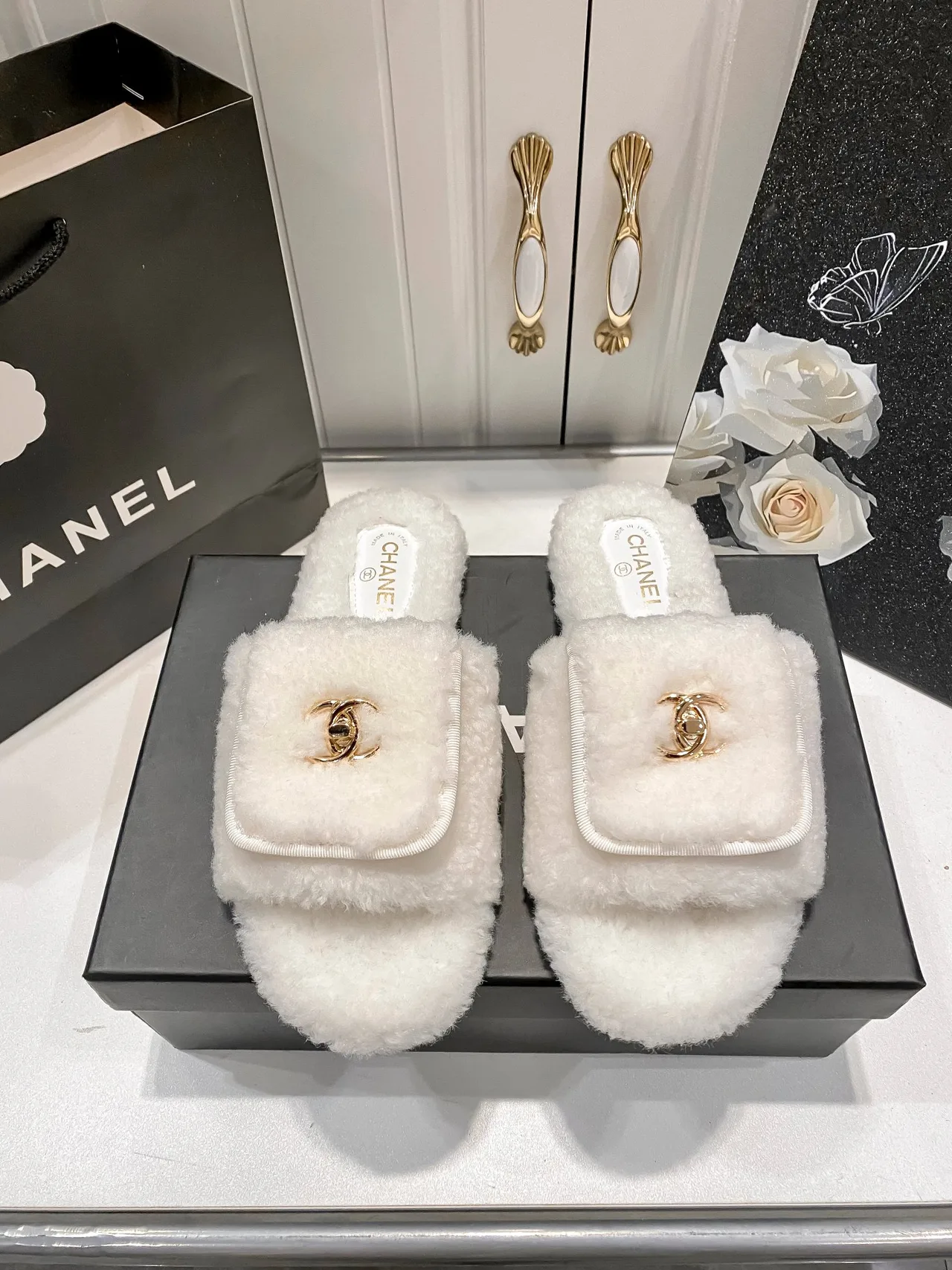 Chanel Faux-Fur Slippers in Black & White & Beige · view 2