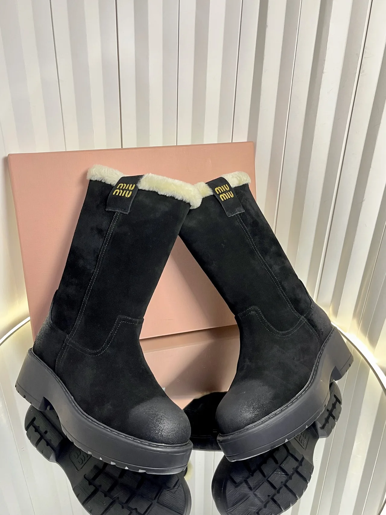Miu Miu Calfskin Suede-Look Boots in Black · view 6