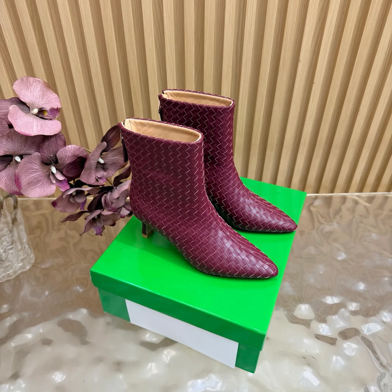 Bottega Veneta Woven Glossy Pointed-Toe Ankle Boots in Burgundy · view 1