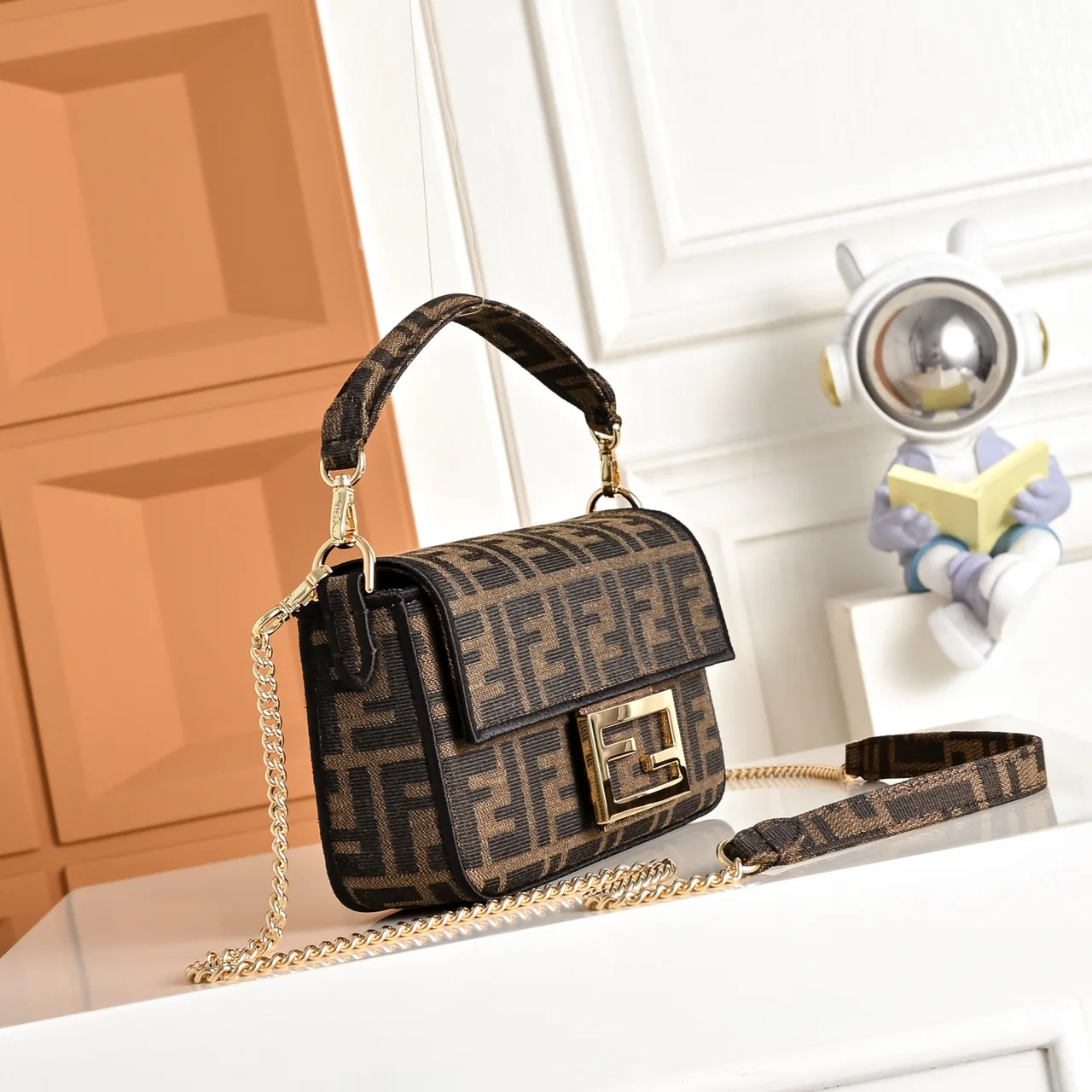 Fendi Baguette FF-Monogram Chain-Strap Flap Bag in Brown · view 3